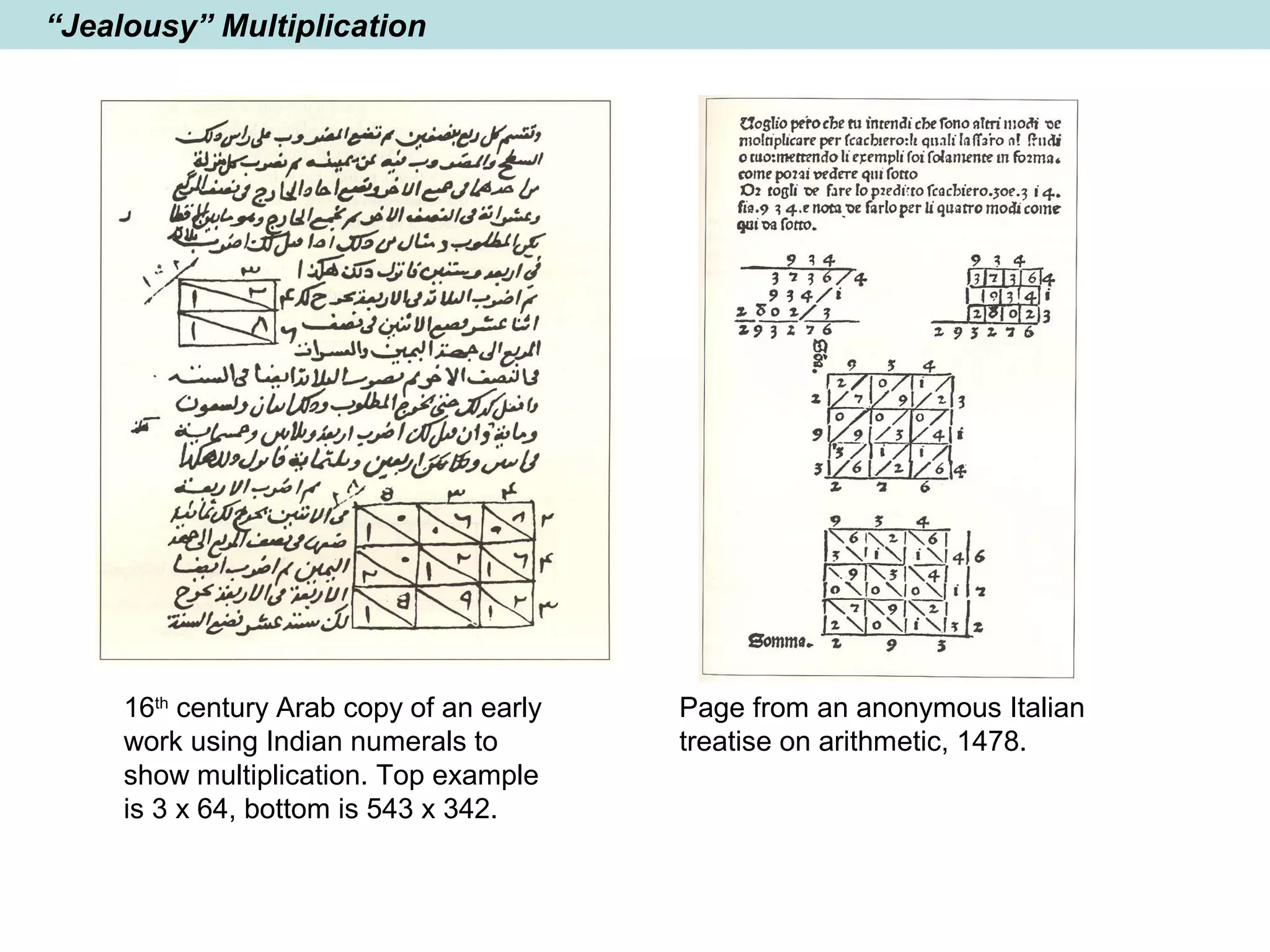 “Jealousy” Multiplication
Page from an anonymous Italian
treatise on arithmetic, 1478.
16th
century Arab copy of an early
work using Indian numerals to
show multiplication. Top example
is 3 x 64, bottom is 543 x 342.
 