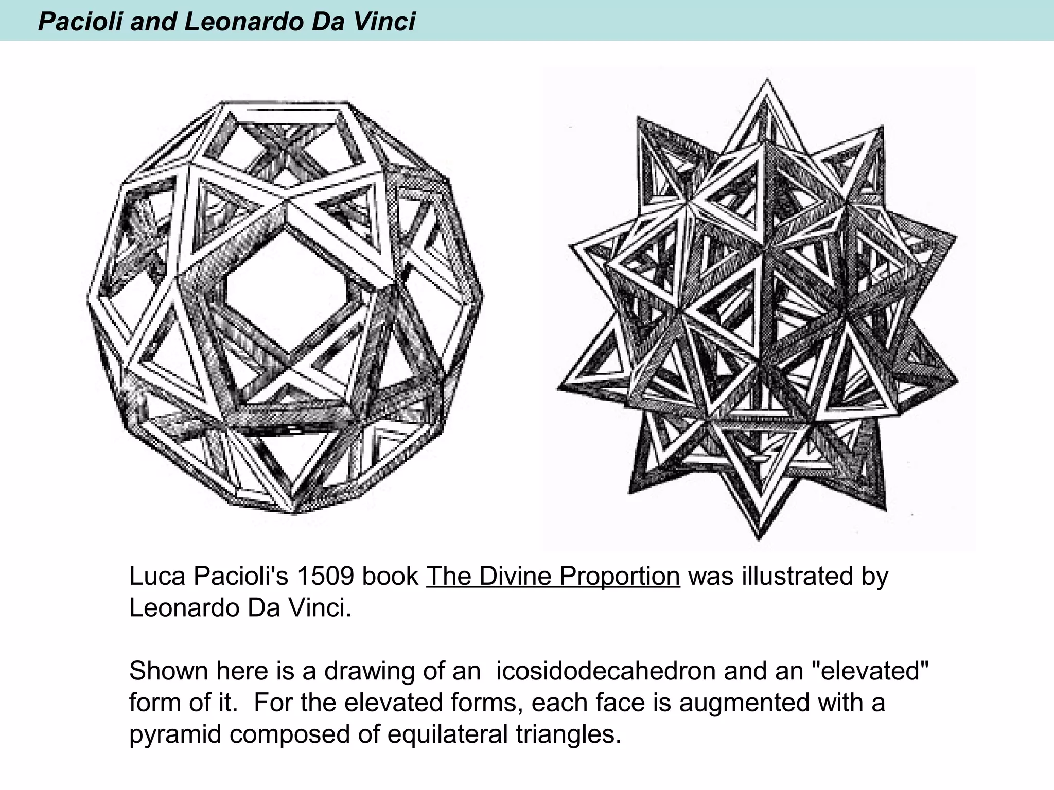 Pacioli and Leonardo Da Vinci
Luca Pacioli's 1509 book The Divine Proportion was illustrated by
Leonardo Da Vinci.
Shown here is a drawing of an icosidodecahedron and an "elevated"
form of it. For the elevated forms, each face is augmented with a
pyramid composed of equilateral triangles.
 