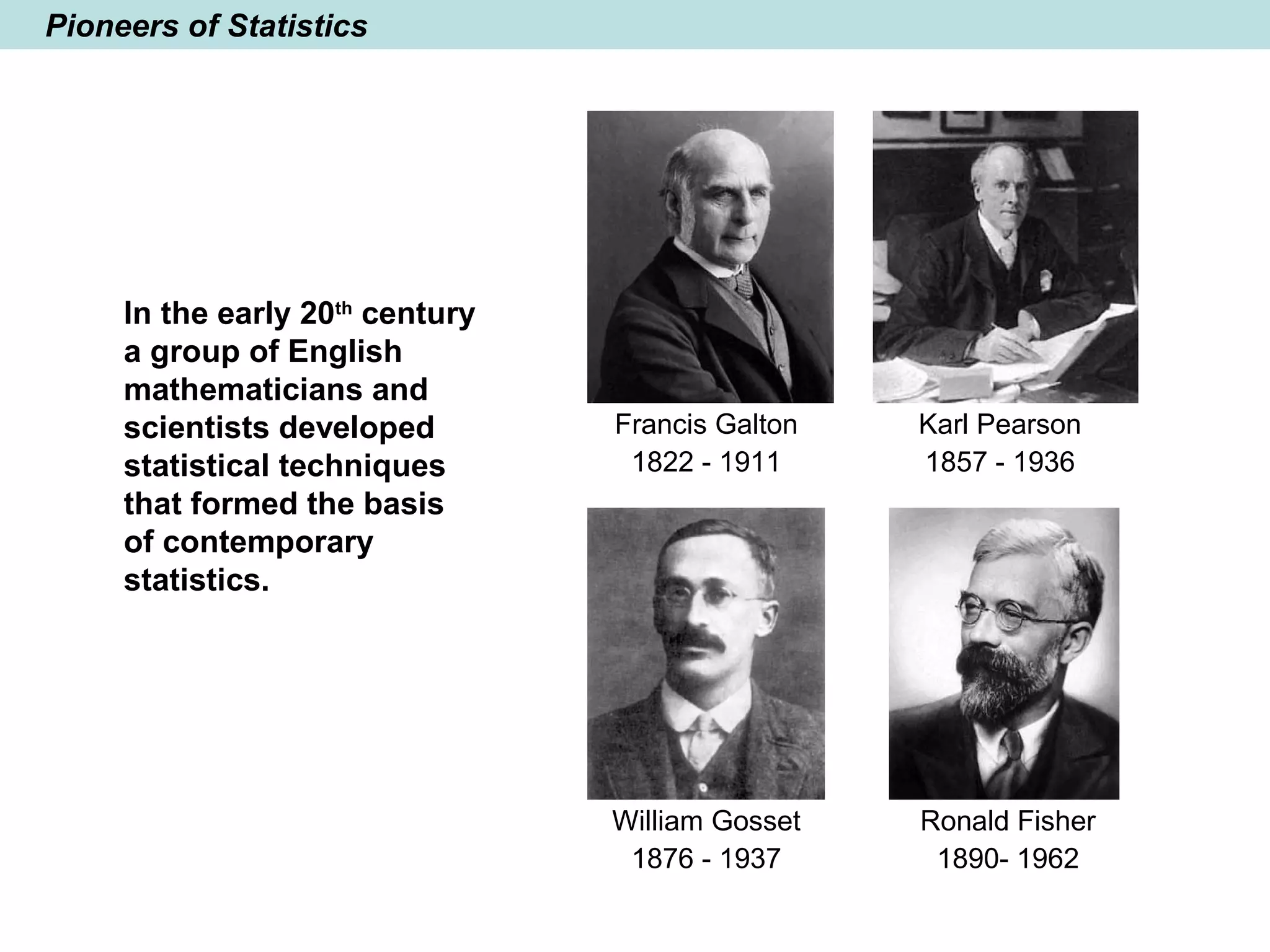 Pioneers of Statistics
In the early 20th
century
a group of English
mathematicians and
scientists developed
statistical techniques
that formed the basis
of contemporary
statistics.
William Gosset
1876 - 1937
Francis Galton
1822 - 1911
Karl Pearson
1857 - 1936
Ronald Fisher
1890- 1962
 
