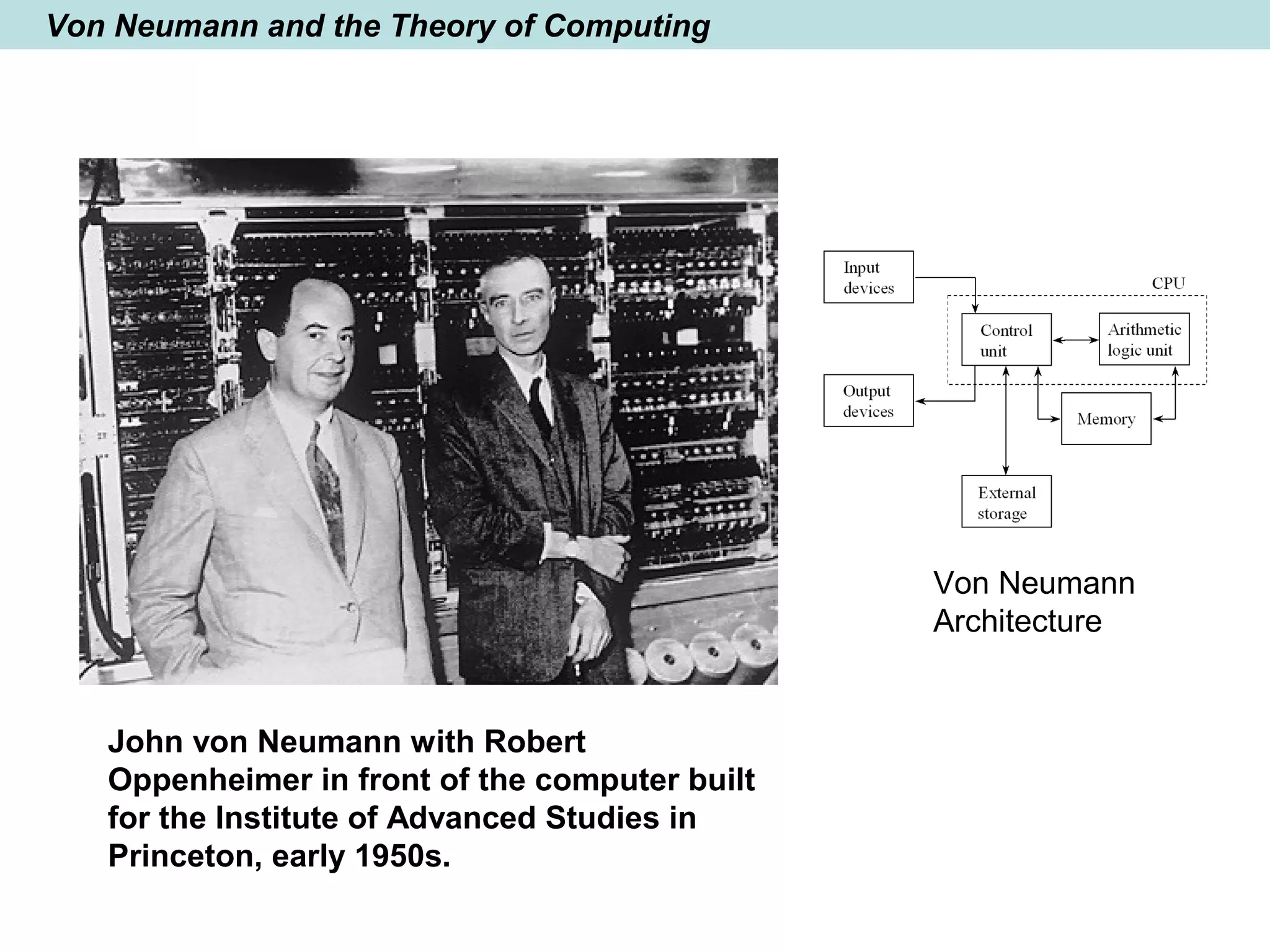 Von Neumann and the Theory of Computing
John von Neumann with Robert
Oppenheimer in front of the computer built
for the Institute of Advanced Studies in
Princeton, early 1950s.
Von Neumann
Architecture
 