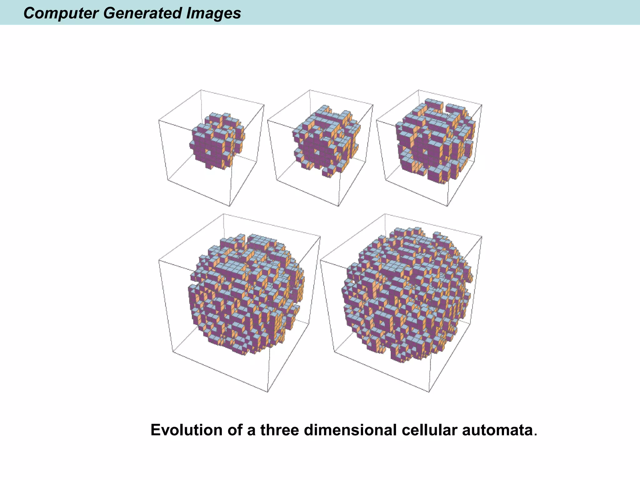 Computer Generated Images
Evolution of a three dimensional cellular automata.
 