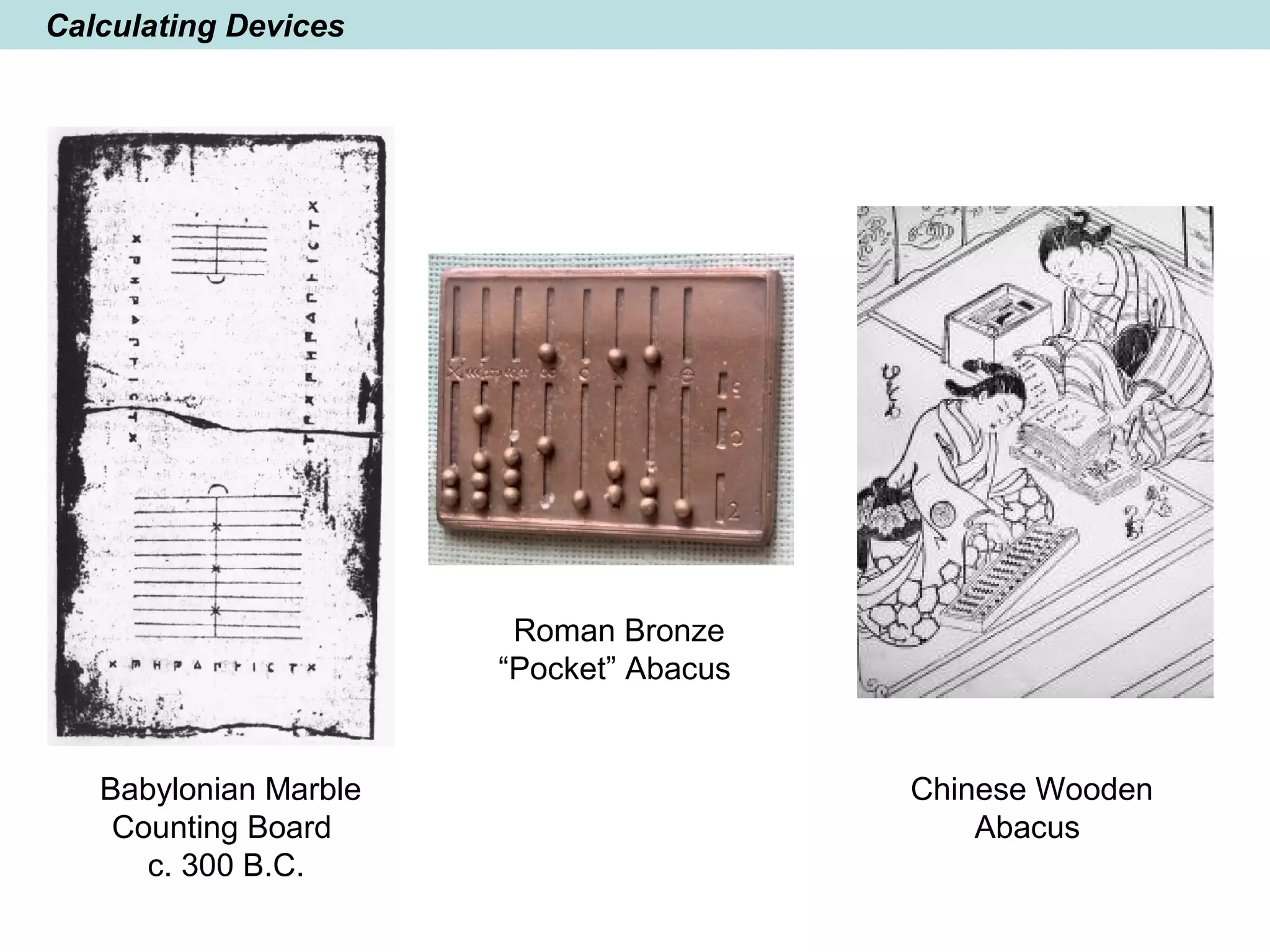 Calculating Devices
Chinese Wooden
Abacus
Roman Bronze
“Pocket” Abacus
Babylonian Marble
Counting Board
c. 300 B.C.
 
