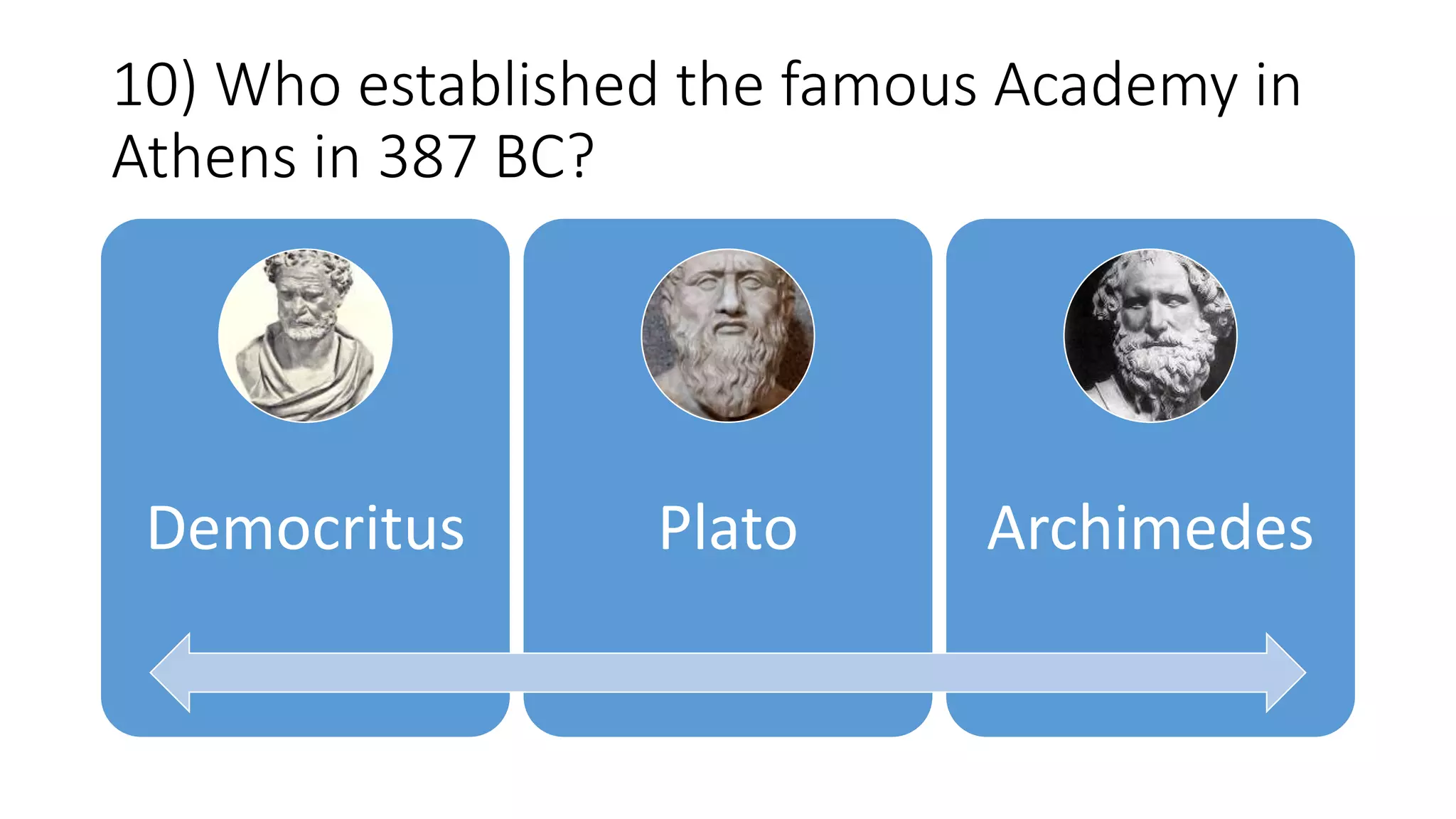 10) Who established the famous Academy in
Athens in 387 BC?
Democritus Plato Archimedes
 