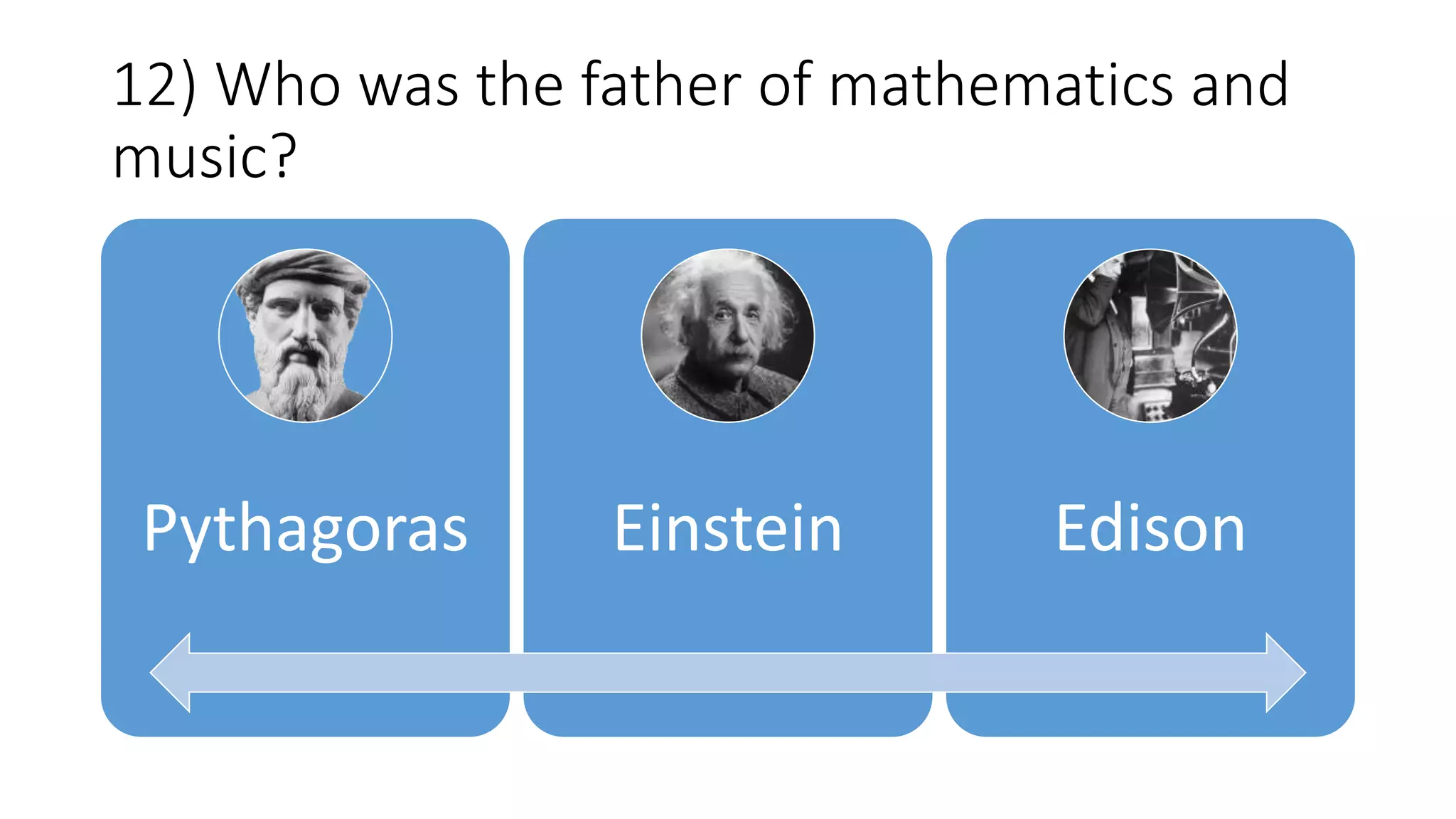 12) Who was the father of mathematics and
music?
Pythagoras Einstein Edison
 