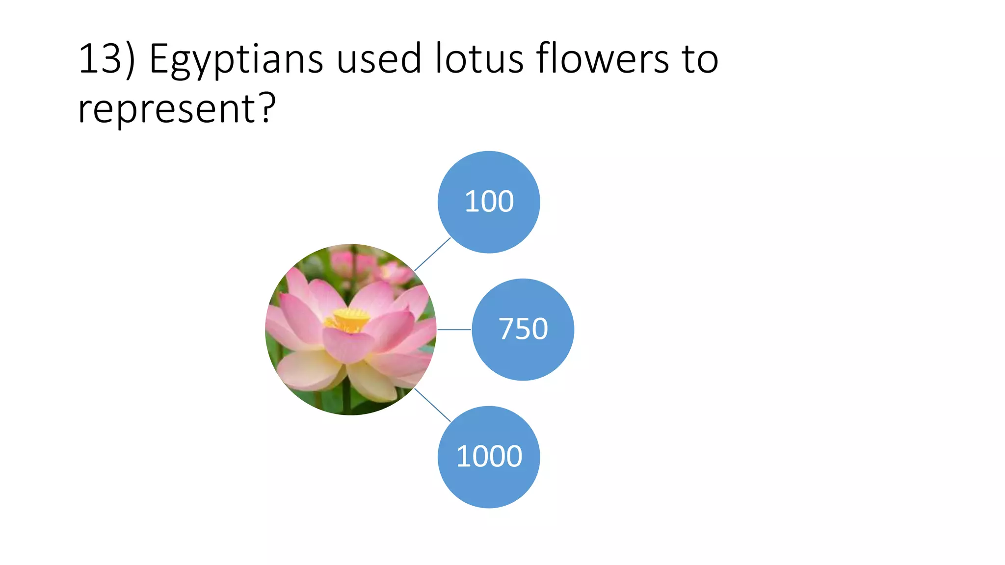 13) Egyptians used lotus flowers to
represent?
100
750
1000
 