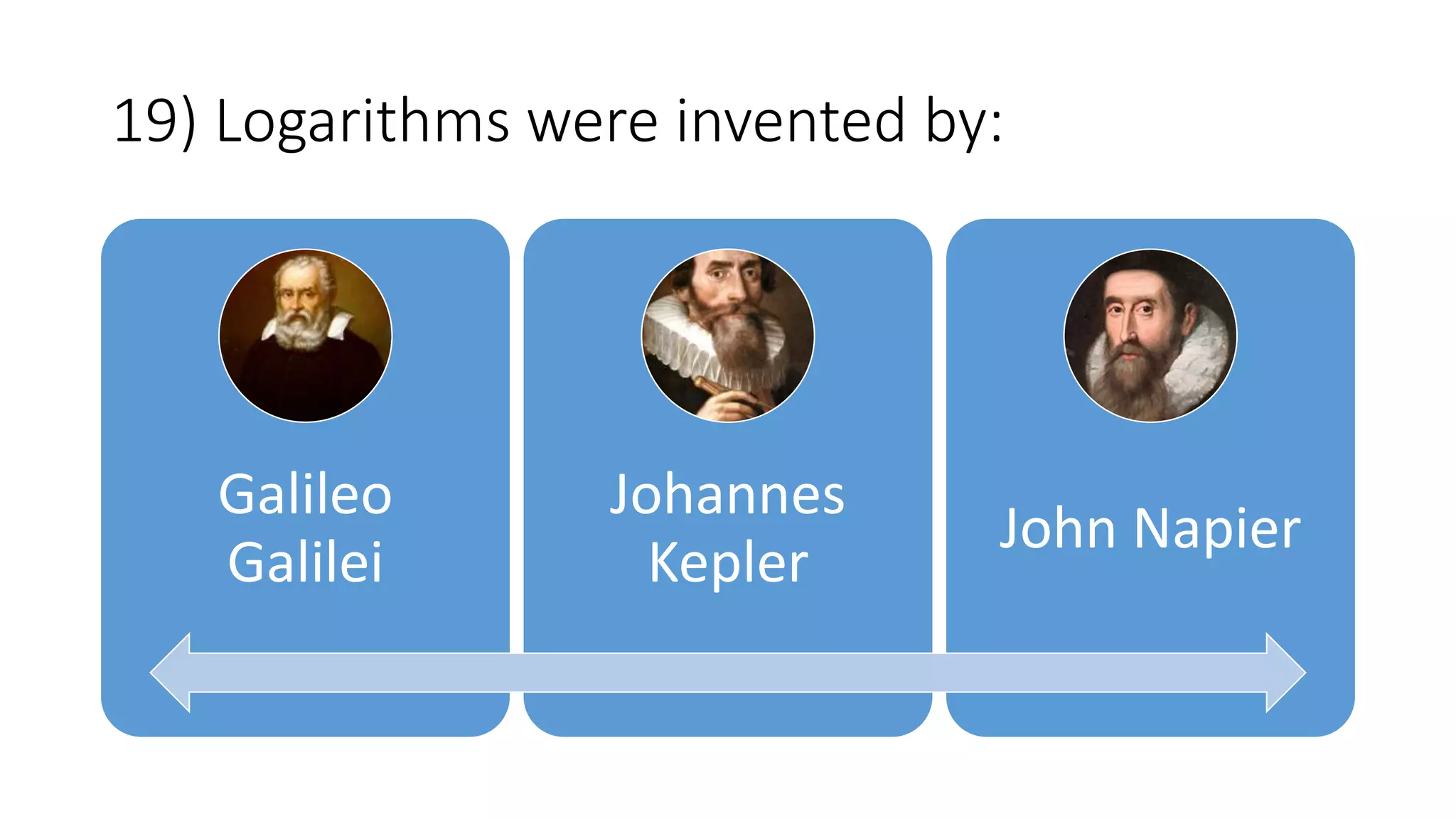 19) Logarithms were invented by:
Galileo
Galilei
Johannes
Kepler
John Napier
 