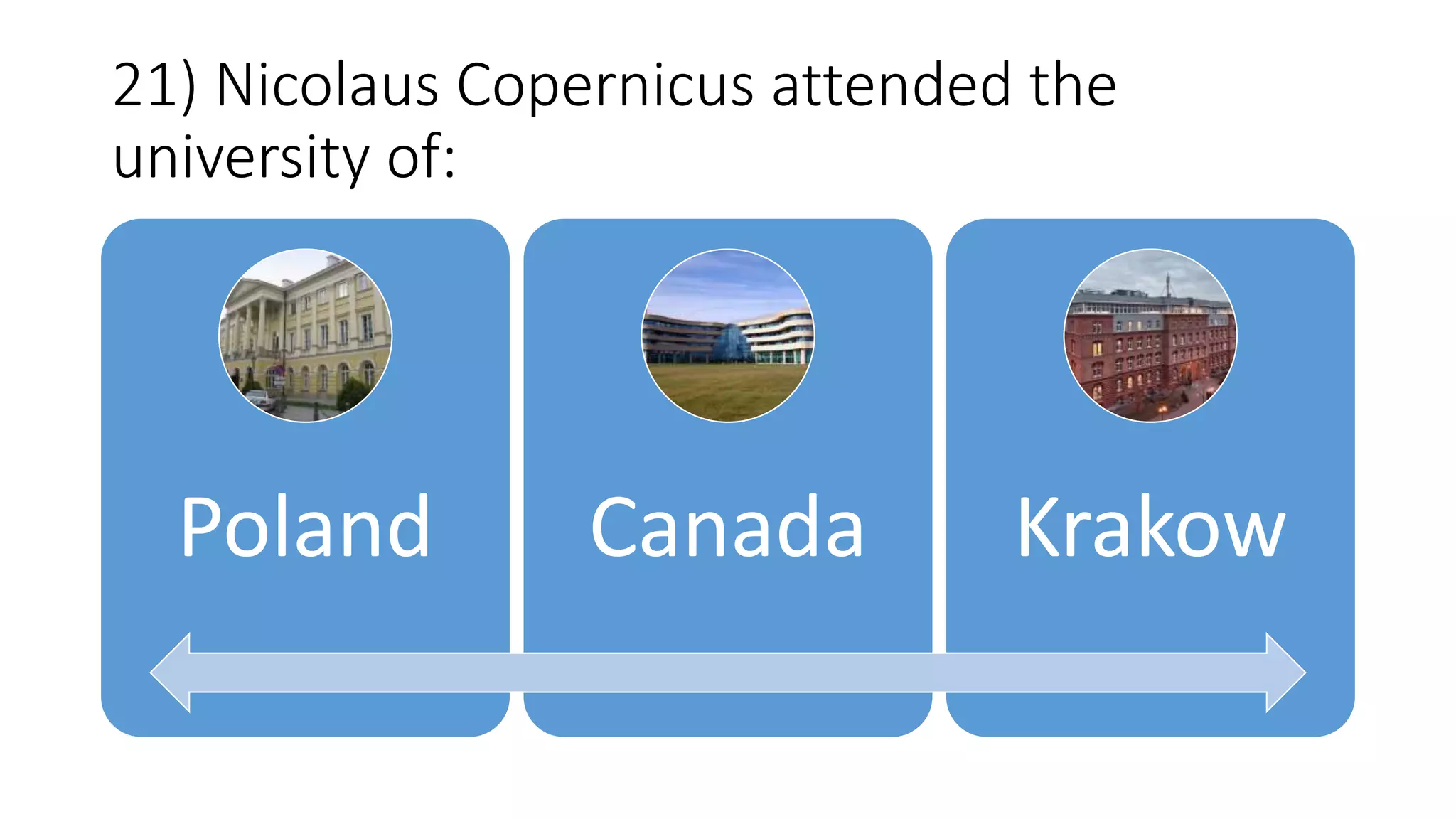21) Nicolaus Copernicus attended the
university of:
Poland Canada Krakow
 