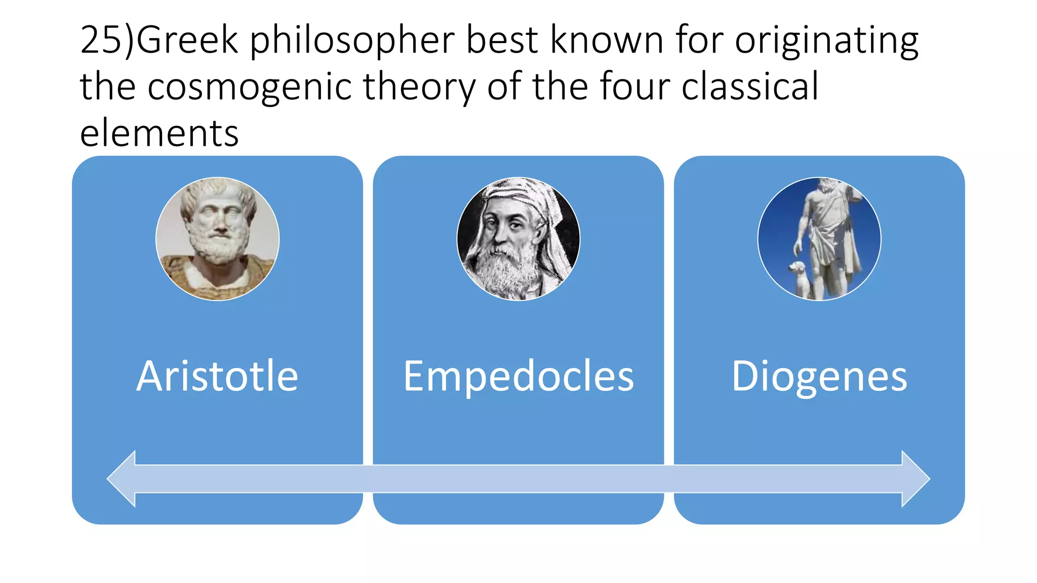 25)Greek philosopher best known for originating
the cosmogenic theory of the four classical
elements
Aristotle Empedocles Diogenes
 