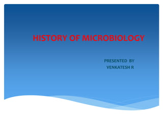 HISTORY OF MICROBIOLOGY
PRESENTED BY
VENKATESH R
 