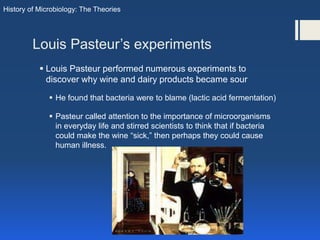  Louis Pasteur performed numerous experiments to
discover why wine and dairy products became sour
 He found that bacteri...