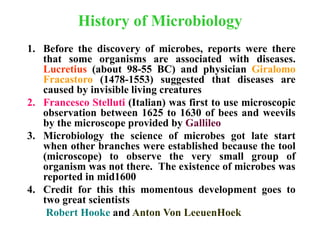 History of Microbiology
1. Before the discovery of microbes, reports were there
that some organisms are associated with diseases.
Lucretius (about 98-55 BC) and physician Giralomo
Fracastoro (1478-1553) suggested that diseases are
caused by invisible living creatures
2. Francesco Stelluti (Italian) was first to use microscopic
observation between 1625 to 1630 of bees and weevils
by the microscope provided by Gallileo
3. Microbiology the science of microbes got late start
when other branches were established because the tool
(microscope) to observe the very small group of
organism was not there. The existence of microbes was
reported in mid1600
4. Credit for this this momentous development goes to
two great scientists
Robert Hooke and Anton Von LeeuenHoek
 