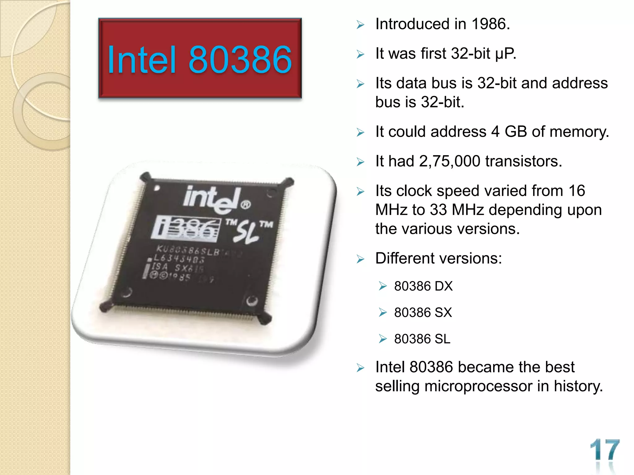    Introduced in 1986.

Intel 80386   

              
                  It was first 32-bit µP.
                  Its data bus is 32-bit and address
                  bus is 32-bit.
                 It could address 4 GB of memory.
                 It had 2,75,000 transistors.
                 Its clock speed varied from 16
                  MHz to 33 MHz depending upon
                  the various versions.
                 Different versions:
                   80386 DX

                   80386 SX

                   80386 SL

                 Intel 80386 became the best
                  selling microprocessor in history.
 