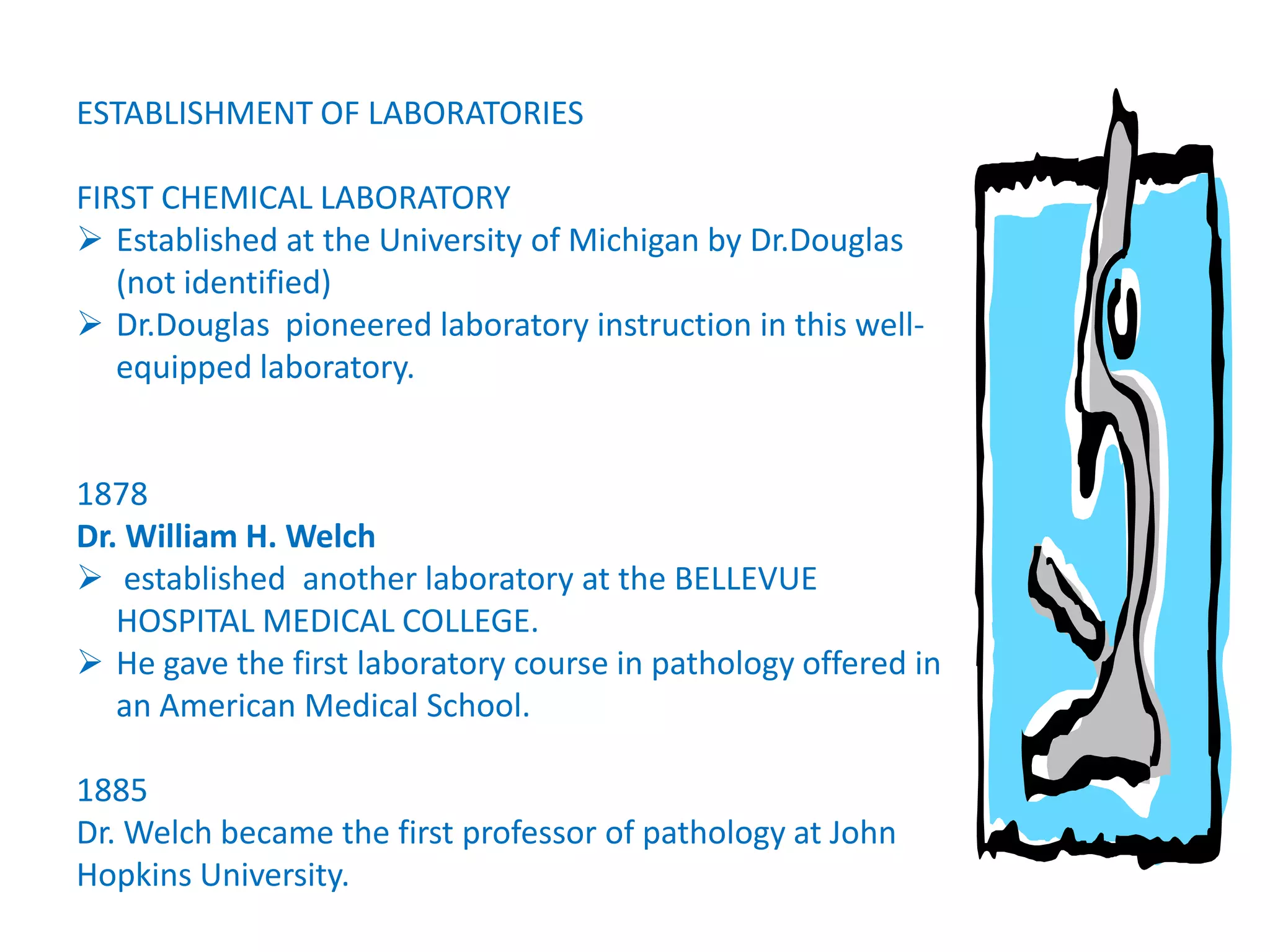 ESTABLISHMENT OF LABORATORIES
FIRST CHEMICAL LABORATORY
 Established at the University of Michigan by Dr.Douglas
(not identified)
 Dr.Douglas pioneered laboratory instruction in this well-
equipped laboratory.
1878
Dr. William H. Welch
 established another laboratory at the BELLEVUE
HOSPITAL MEDICAL COLLEGE.
 He gave the first laboratory course in pathology offered in
an American Medical School.
1885
Dr. Welch became the first professor of pathology at John
Hopkins University.
 