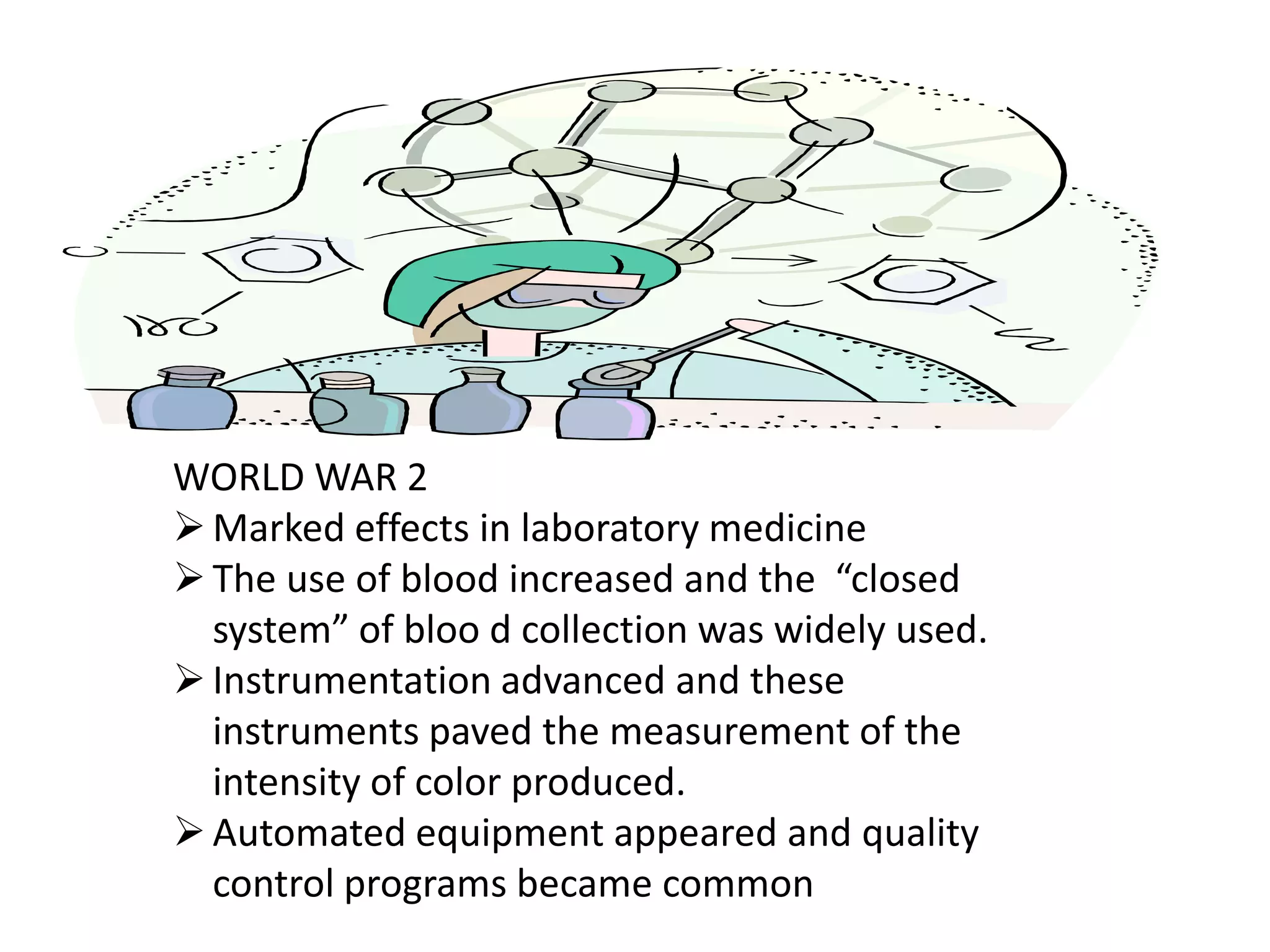 WORLD WAR 2
Marked effects in laboratory medicine
The use of blood increased and the “closed
system” of bloo d collection was widely used.
Instrumentation advanced and these
instruments paved the measurement of the
intensity of color produced.
Automated equipment appeared and quality
control programs became common
 