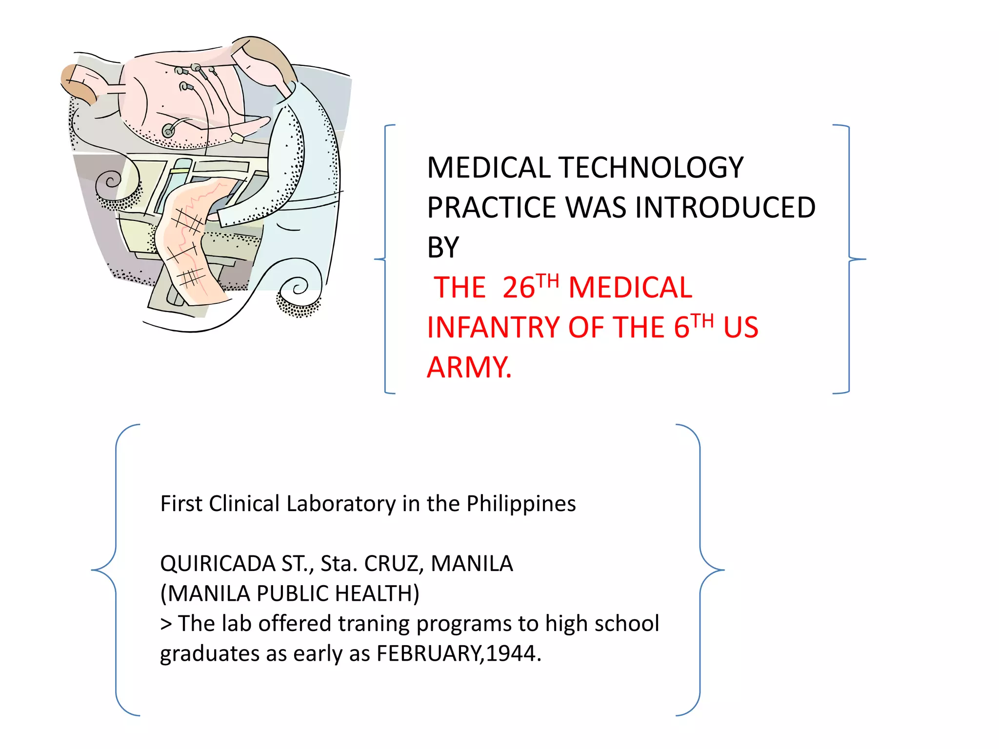 MEDICAL TECHNOLOGY
PRACTICE WAS INTRODUCED
BY
THE 26TH MEDICAL
INFANTRY OF THE 6TH US
ARMY.
First Clinical Laboratory in the Philippines
QUIRICADA ST., Sta. CRUZ, MANILA
(MANILA PUBLIC HEALTH)
> The lab offered traning programs to high school
graduates as early as FEBRUARY,1944.
 