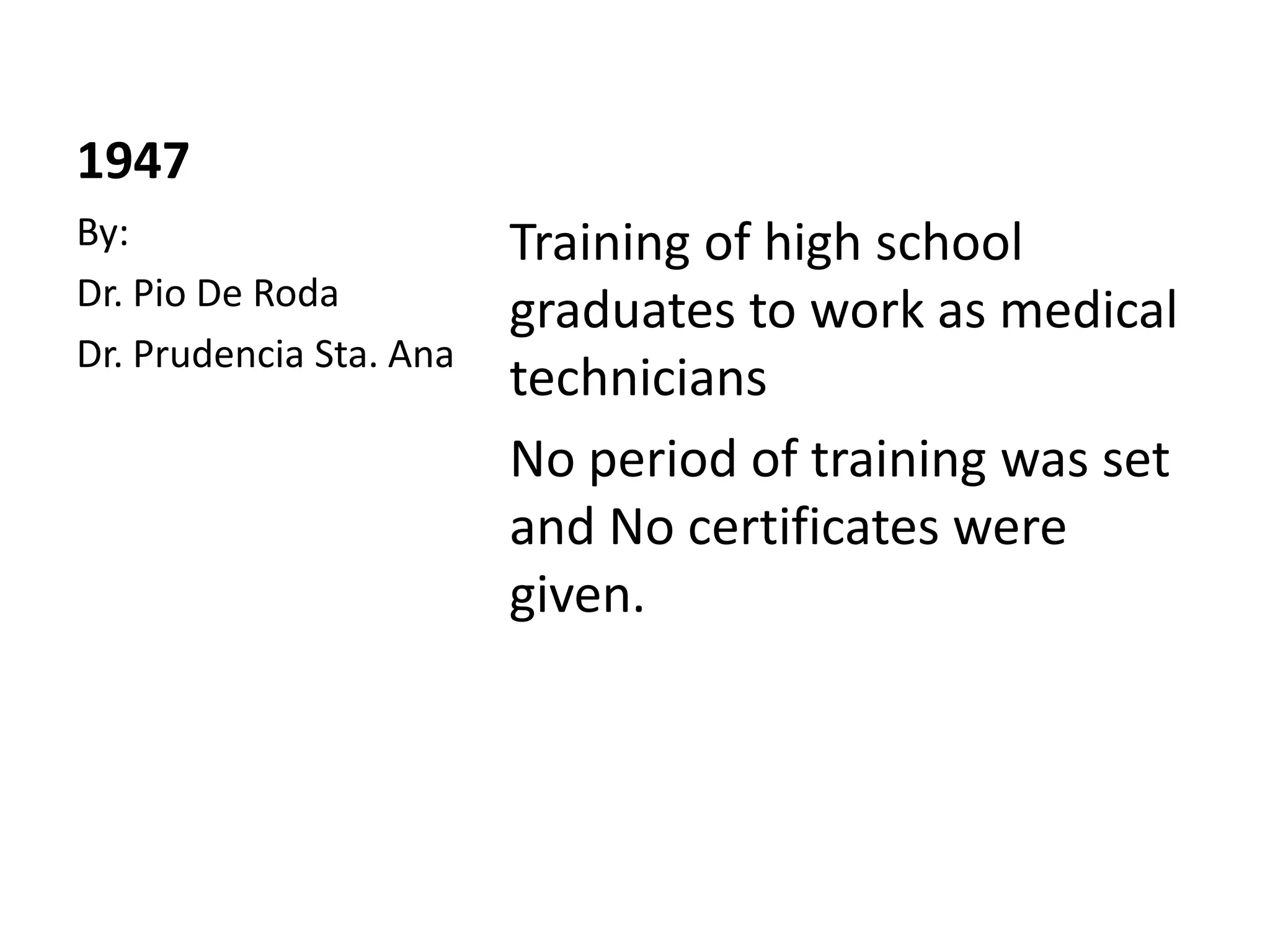 1947
Training of high school
graduates to work as medical
technicians
No period of training was set
and No certificates were
given.
By:
Dr. Pio De Roda
Dr. Prudencia Sta. Ana
 
