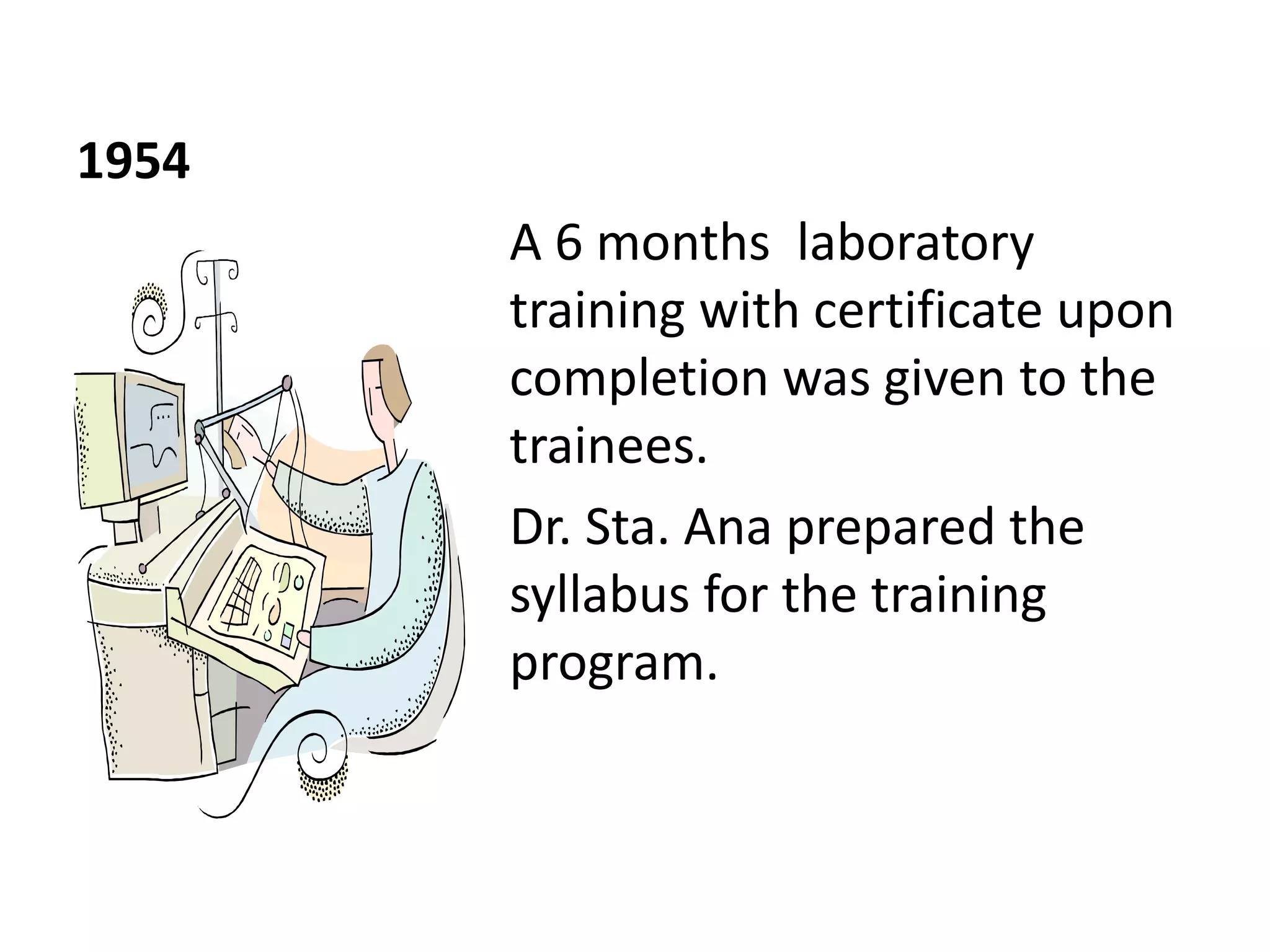 1954
A 6 months laboratory
training with certificate upon
completion was given to the
trainees.
Dr. Sta. Ana prepared the
syllabus for the training
program.
 