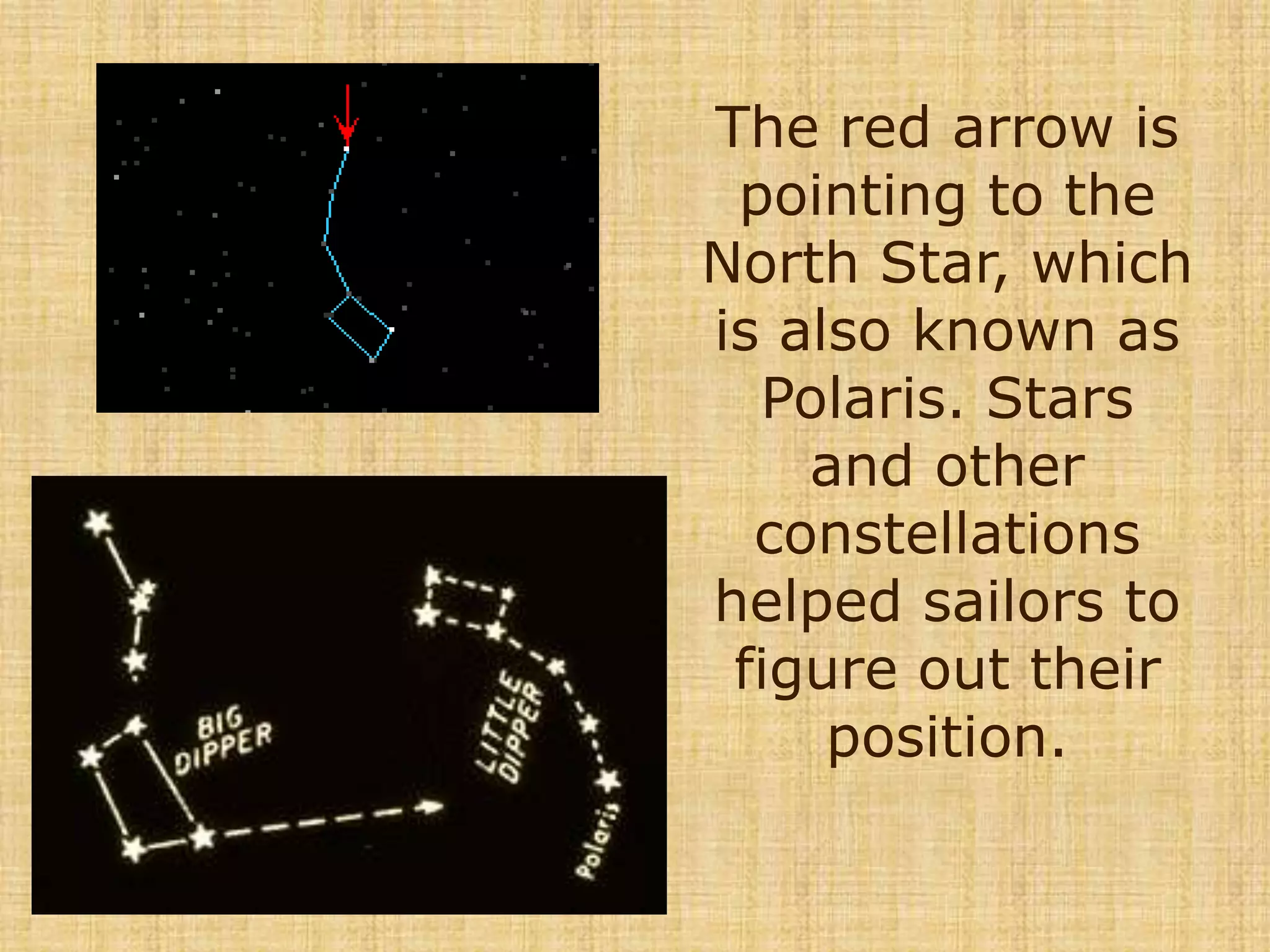 The red arrow is pointing to the North Star, which is also known as Polaris. Stars and other constellations helped sailors to figure out their position.