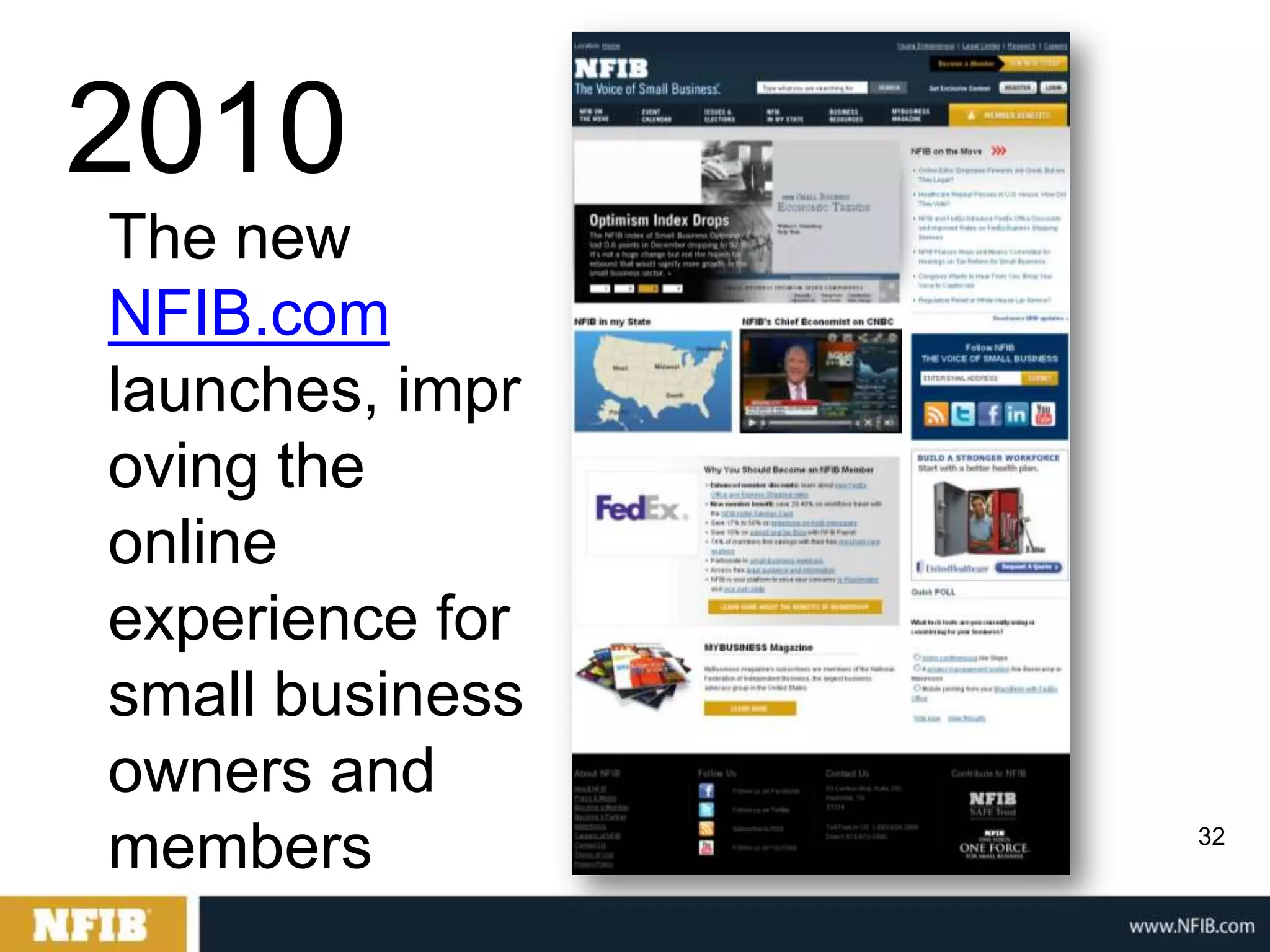 2010
The new
NFIB.com
launches, impr
oving the
online
experience for
small business
owners and
members          32
 