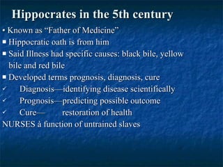 Hippocrates in the 5th century •  Known as “Father of Medicine” Hippocratic oath is from him Said Illness had specific causes: black bile, yellow bile and red bile Developed terms prognosis, diagnosis, cure Diagnosis—identifying disease scientifically Prognosis—predicting possible outcome Cure—  restoration of health NURSES à function of untrained slaves  