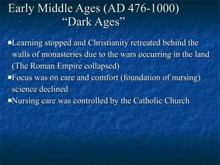 Early Middle Ages (AD 476-1000) “Dark Ages” Learning stopped and Christianity retreated behind the walls of monasteries due to the wars occurring in the land (The Roman Empire collapsed) Focus was on care and comfort (foundation of nursing)  science declined Nursing care was controlled by the Catholic Church 