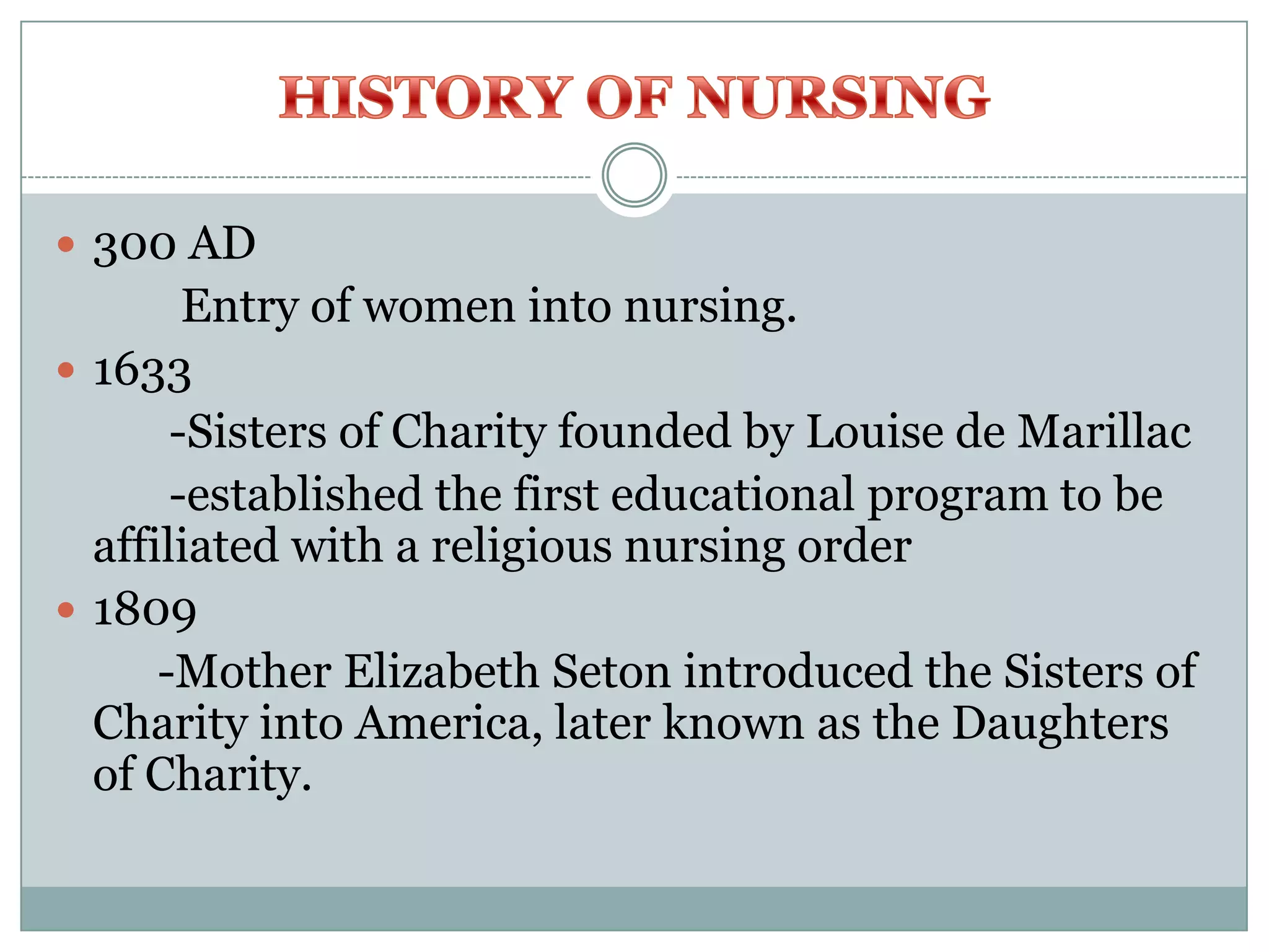  300 AD
        Entry of women into nursing.
 1633
       -Sisters of Charity founded by Louise de Marillac
       -established the first educational program to be
  affiliated with a religious nursing order
 1809
      -Mother Elizabeth Seton introduced the Sisters of
  Charity into America, later known as the Daughters
  of Charity.
 