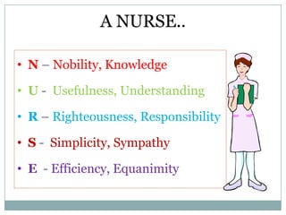 A NURSE..

• N – Nobility, Knowledge

• U - Usefulness, Understanding

• R – Righteousness, Responsibility

• S - Simplicity, Sympathy

• E - Efficiency, Equanimity
 