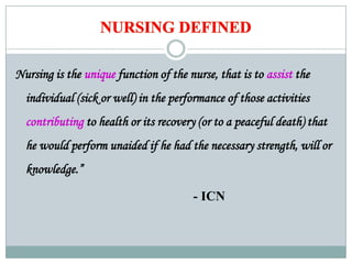 Nursing is the unique function of the nurse, that is to assist the
  individual (sick or well) in the performance of those activities
  contributing to health or its recovery (or to a peaceful death) that
  he would perform unaided if he had the necessary strength, will or
  knowledge.”

                                       - ICN
 