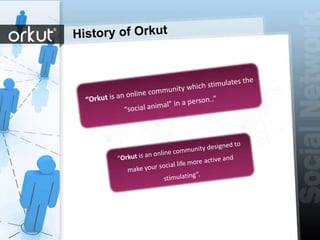 History of Orkut  “Orkutis an online community which stimulates the “social animal” in a person..” “Orkut is an online community designed to make your social life more active and stimulating”. 