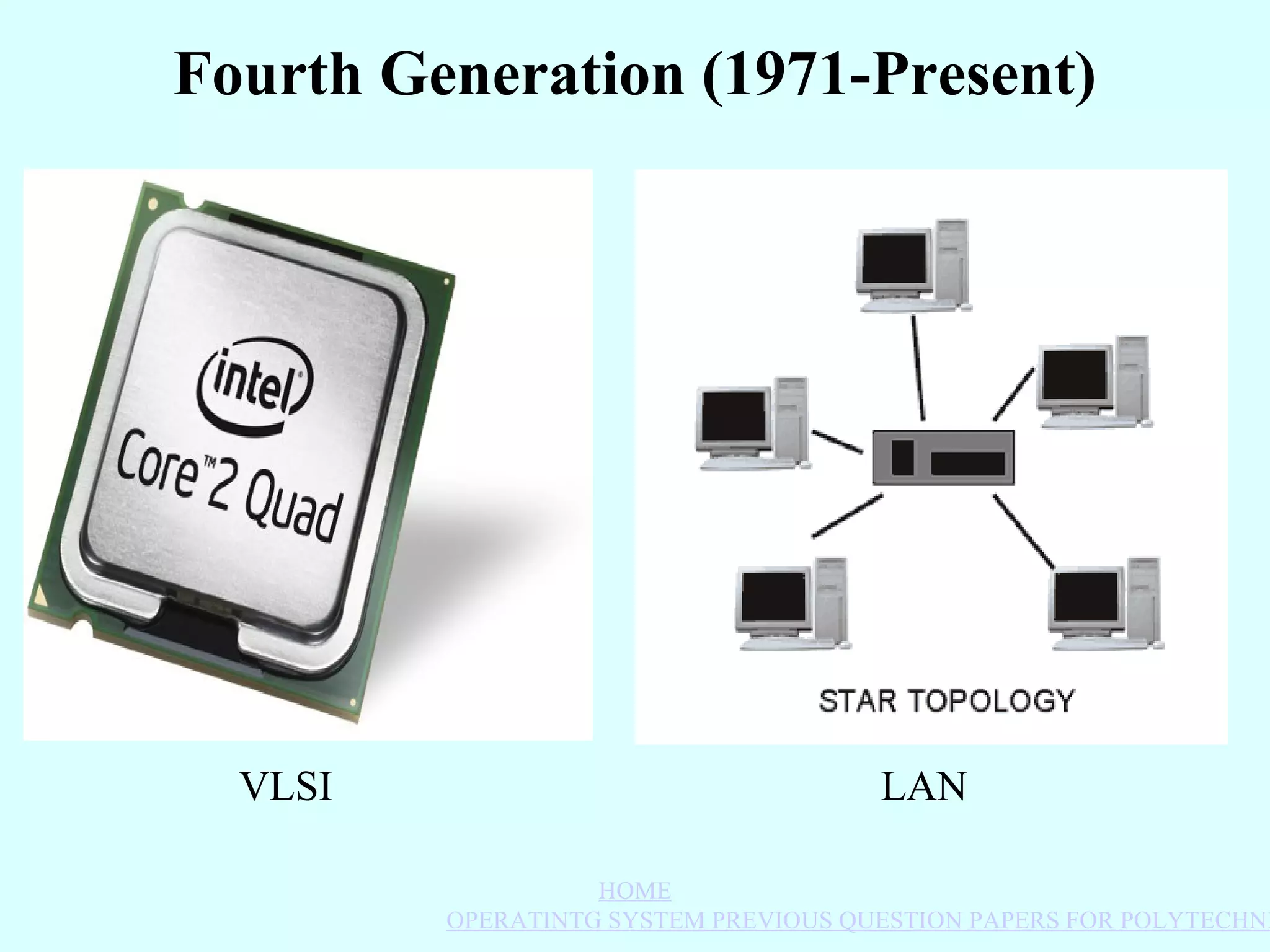 Fourth Generation (1971-Present)




  VLSI                                LAN

                   HOME
         OPERATINTG SYSTEM PREVIOUS QUESTION PAPERS FOR POLYTECHNI
 
