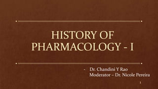 HISTORY OF
PHARMACOLOGY - I
- Dr. Chandini Y Rao
Moderator – Dr. Nicole Pereira
1
 