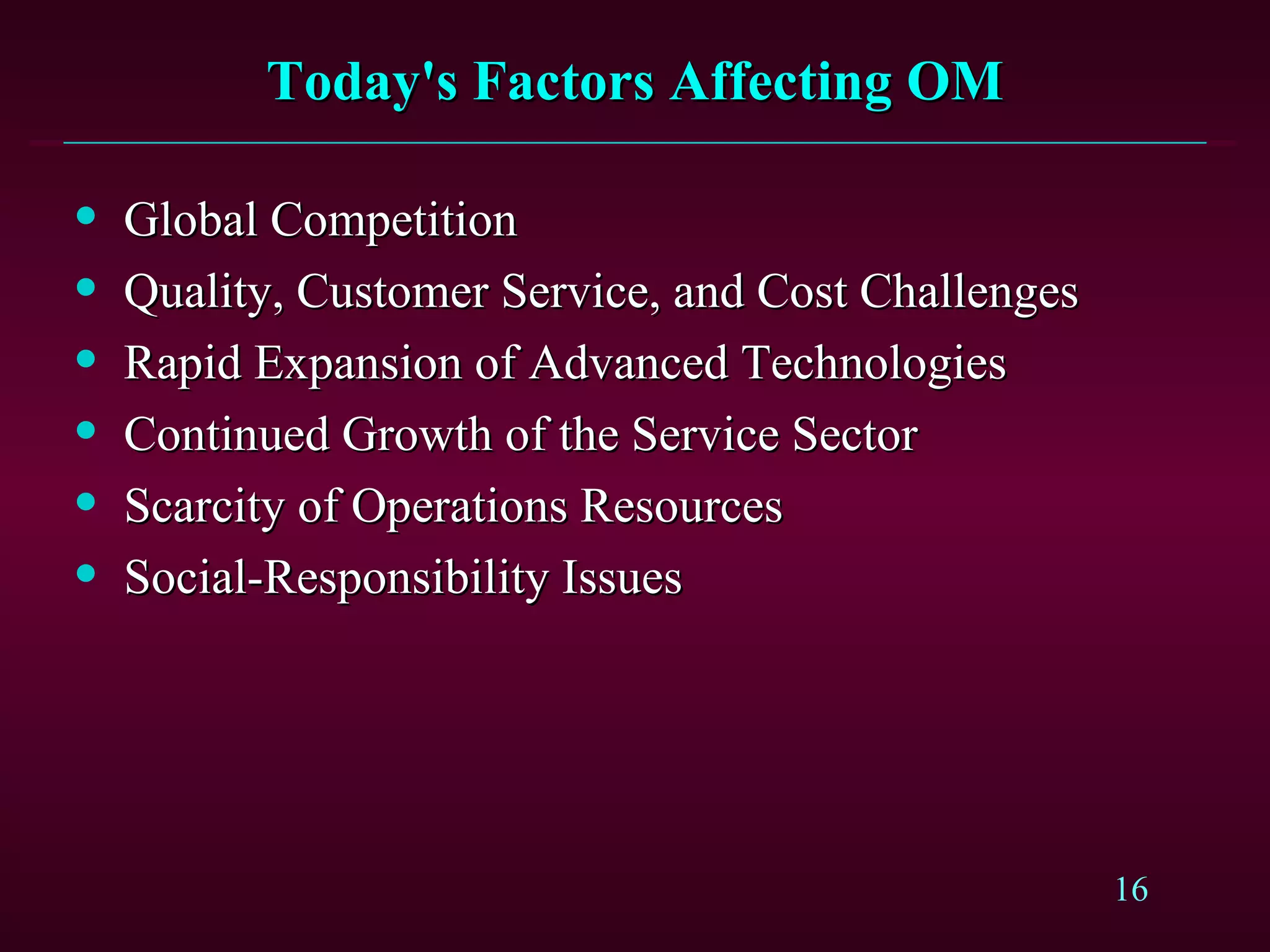 Today's Factors Affecting OM Global Competition Quality, Customer Service, and Cost Challenges Rapid Expansion of Advanced Technologies Continued Growth of the Service Sector Scarcity of Operations Resources Social-Responsibility Issues 