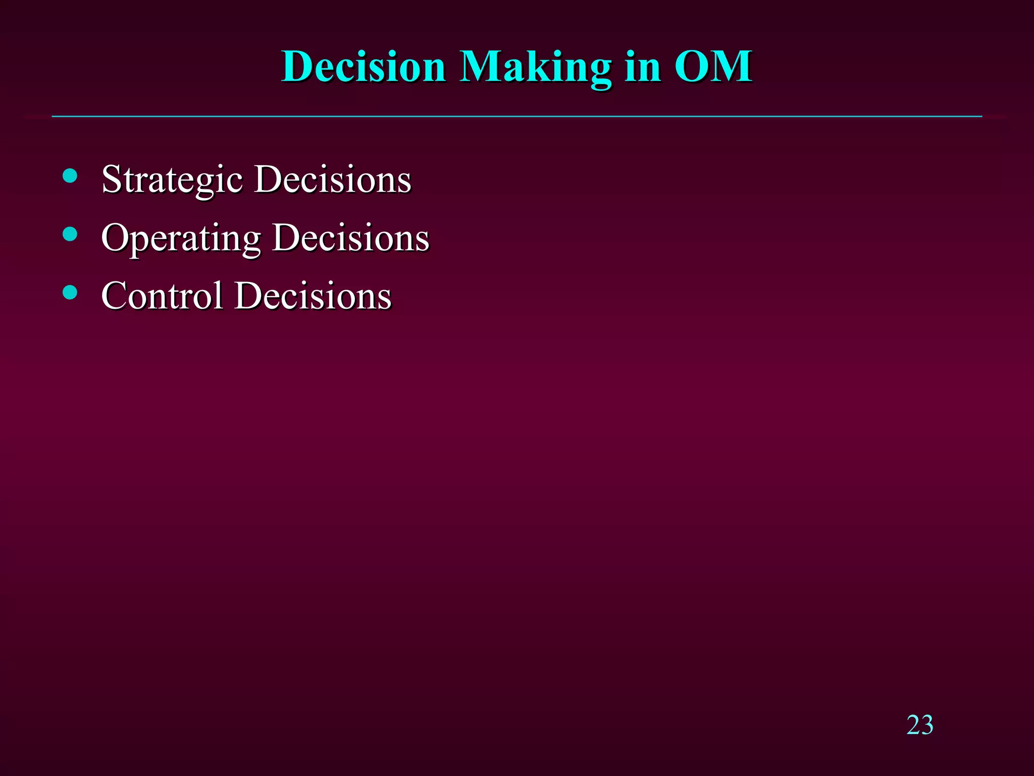 Decision Making in OM Strategic Decisions Operating Decisions Control Decisions 