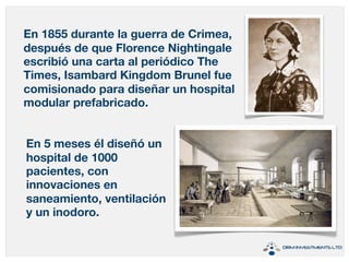 En 1855 durante la guerra de Crimea, 
después de que Florence Nightingale 
escribió una carta al periódico The 
Times, Isambard Kingdom Brunel fue 
comisionado para diseñar un hospital 
modular prefabricado. 
En 5 meses él diseñó un 
hospital de 1000 
pacientes, con 
innovaciones en 
saneamiento, ventilación 
y un inodoro. 
 