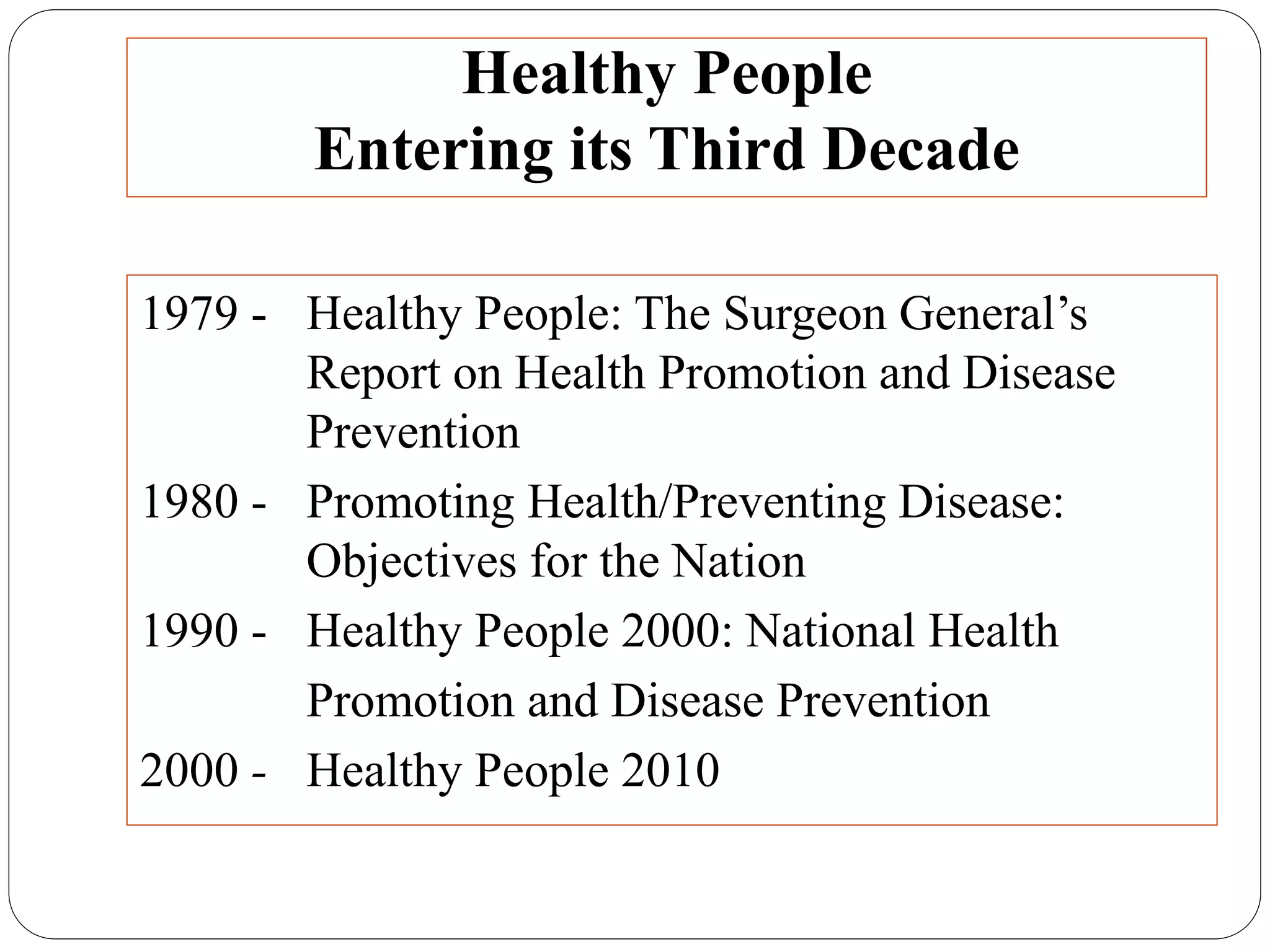 Healthy People
Entering its Third Decade
1979 - Healthy People: The Surgeon General’s
Report on Health Promotion and Disease
Prevention
1980 - Promoting Health/Preventing Disease:
Objectives for the Nation
1990 - Healthy People 2000: National Health
Promotion and Disease Prevention
2000 - Healthy People 2010
 