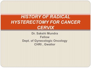 Dr. Sakshi Mundra
Fellow
Dept. of Gynecologic Oncology
CHRI , Gwalior
HISTORY OF RADICAL
HYSTERECTOMY FOR CANCER
CERVIX
 