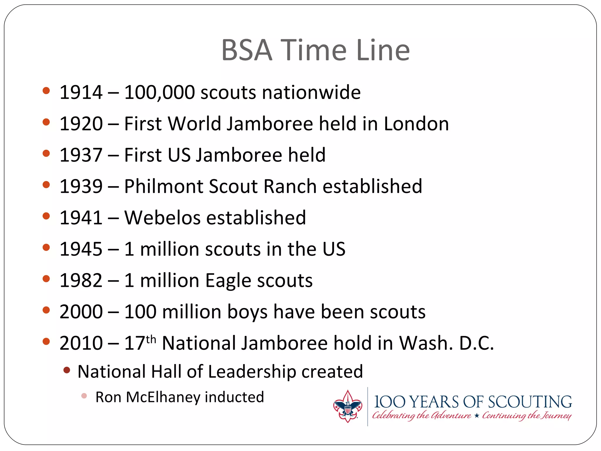 BSA Time Line 1914 – 100,000 scouts nationwide 1920 – First World Jamboree held in London 1937 – First US Jamboree held  1939 – Philmont Scout Ranch established  1941 – Webelos established 1945 – 1 million scouts in the US 1982 – 1 million Eagle scouts 2000 – 100 million boys have been scouts 2010 – 17 th  National Jamboree hold in Wash. D.C. National Hall of Leadership created Ron McElhaney inducted 