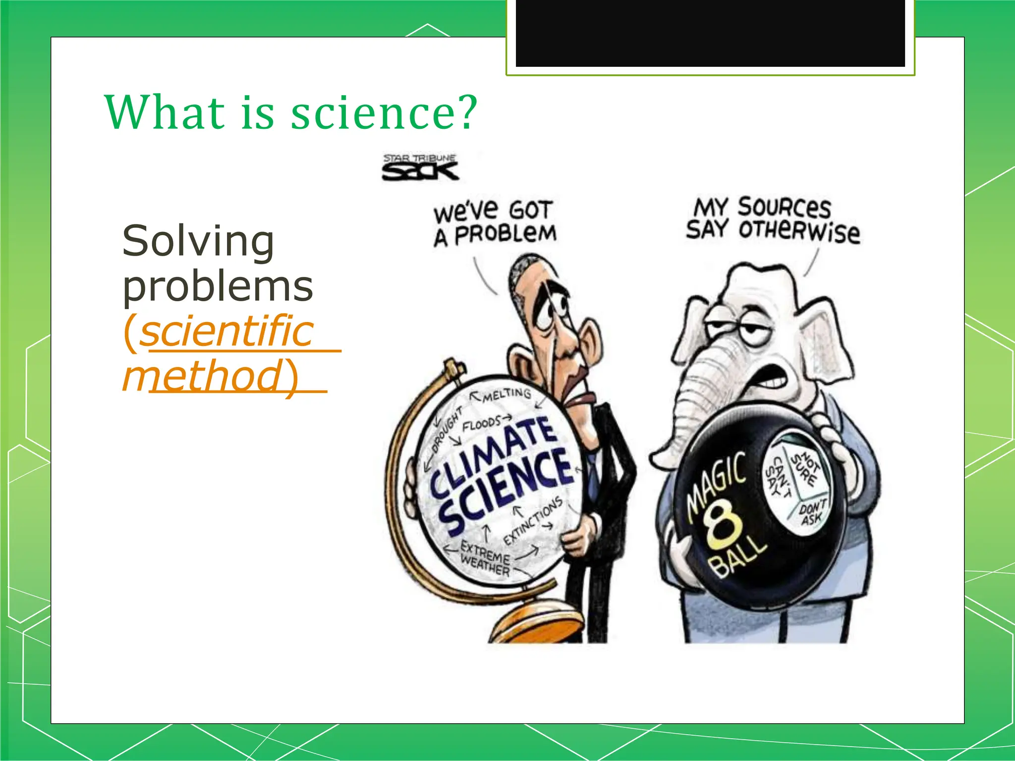 What is science?
Solving
problems
(scientific
method)
 