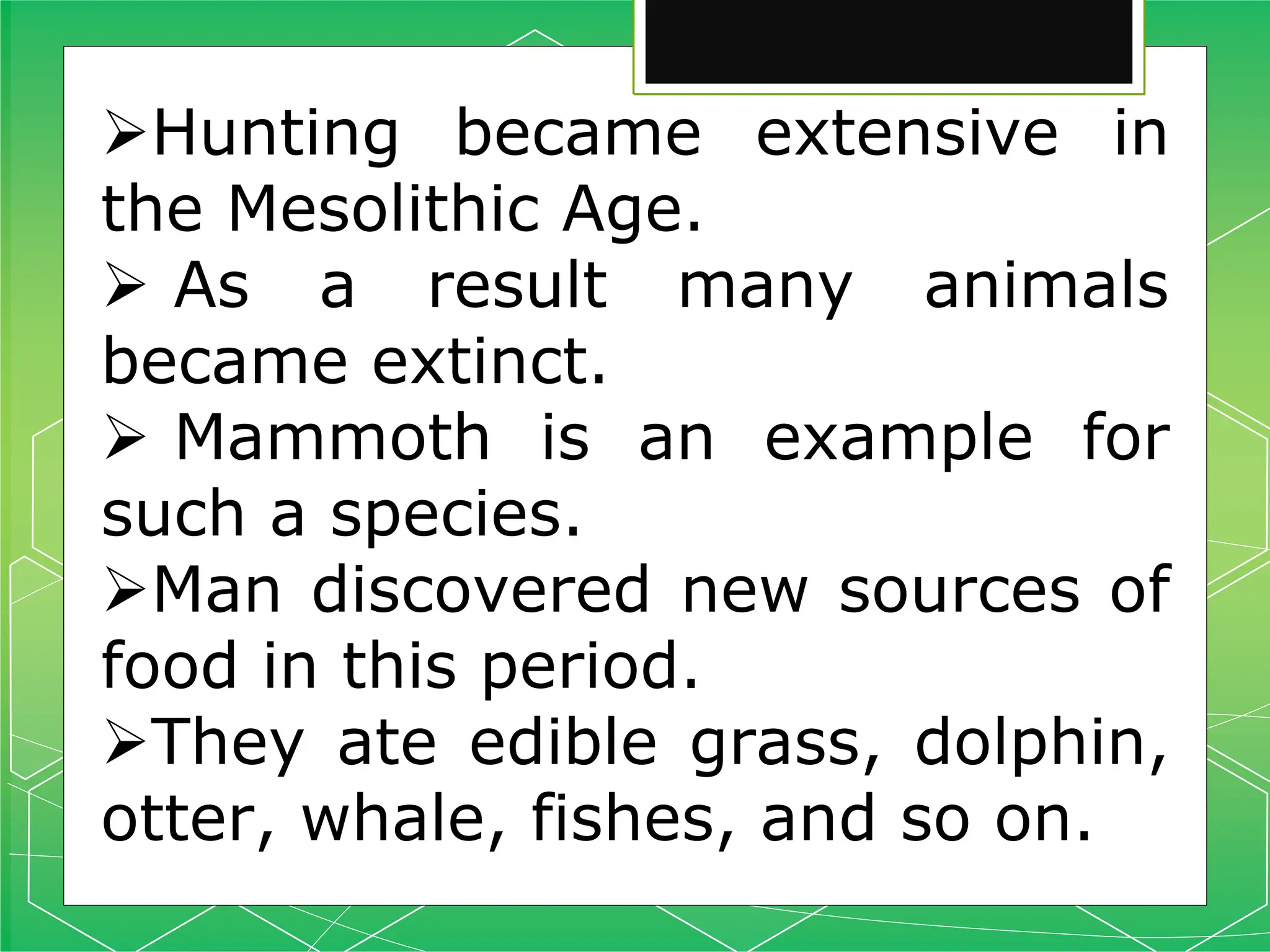 Hunting became extensive in
the Mesolithic Age.
 As a result many animals
became extinct.
 Mammoth is an example for
such a species.
Man discovered new sources of
food in this period.
They ate edible grass, dolphin,
otter, whale, fishes, and so on.
 