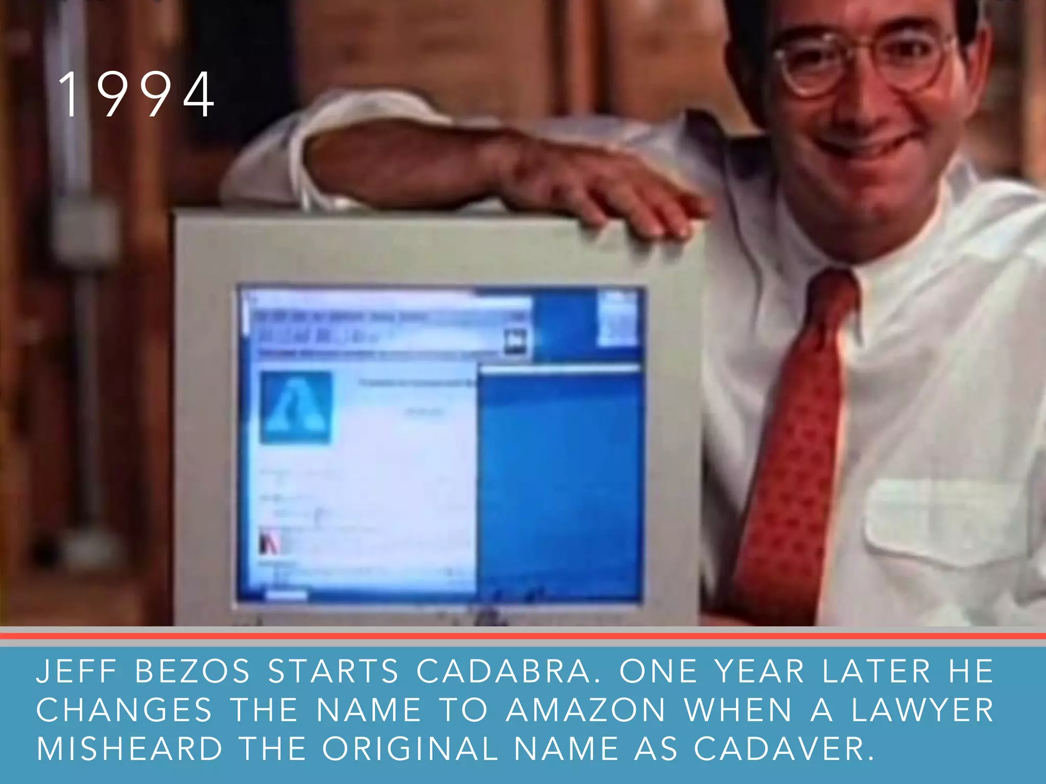 1 9 9 4
JEFF BEZOS STARTS CADABRA. ONE YEAR LATER HE
CHANGES THE NAME TO AMAZON WHEN A LAWYER
MISHEARD THE ORIGINAL NAME AS CADAVER.
 