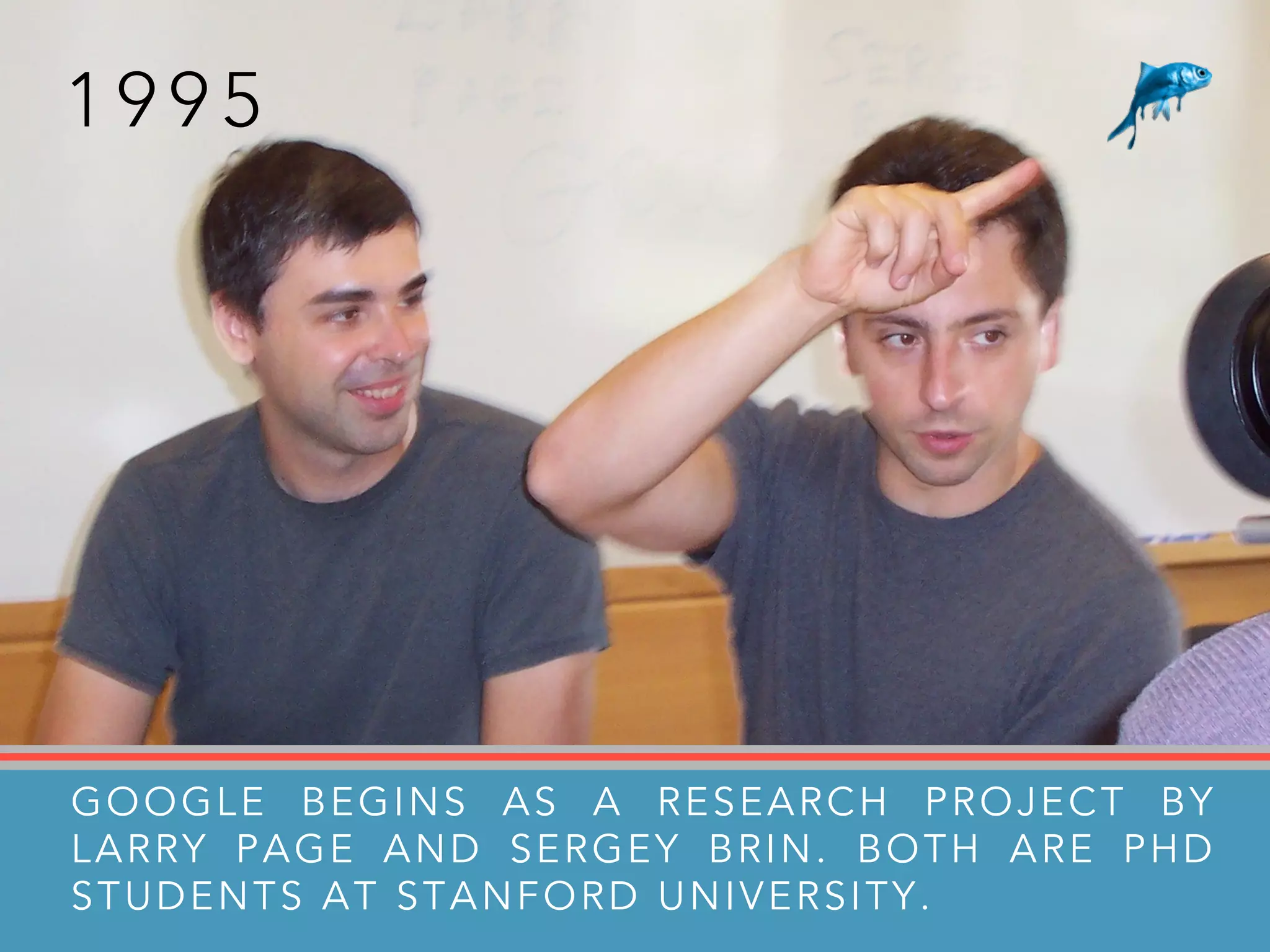 1 9 9 5
GOOGLE BEGINS AS A RESEARCH PROJECT BY
LARRY PAGE AND SERGEY BRIN. BOTH ARE PHD
STUDENTS AT STANFORD UNIVERSITY.
 