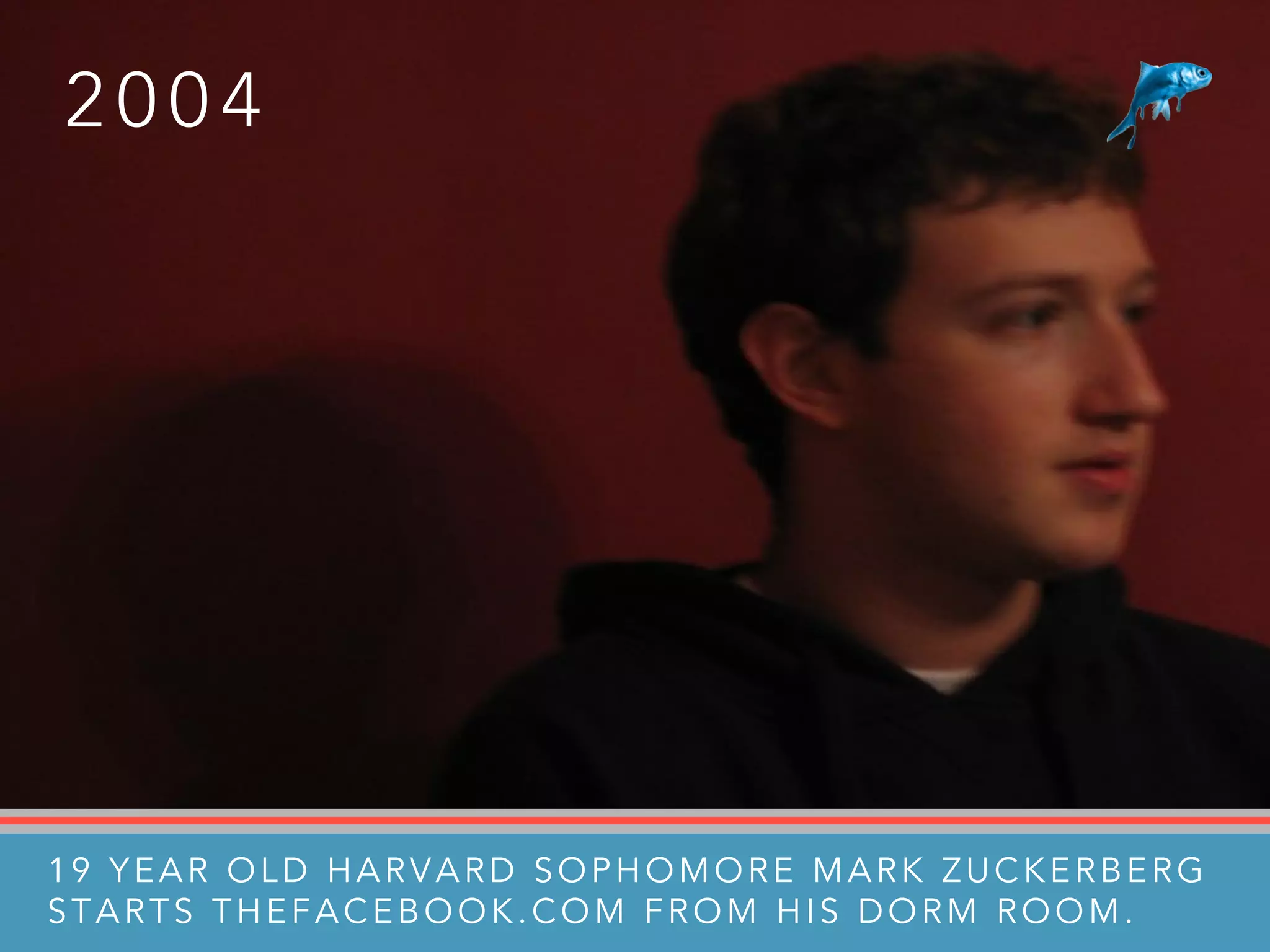 1 9 - Y E A R O L D H A R V A R D S O P H O M O R E N A M E D M A R K Z U C K E R B E R G
L A U N C H E S T H E F A C E B O O K . C O M F R O M H I S D O R M R O O M
2 0 0 4
19 YEAR OLD HARVARD SOPHOMORE MARK ZUCKERBERG
STARTS THEFACEBOOK.COM FROM HIS DORM ROOM.
 