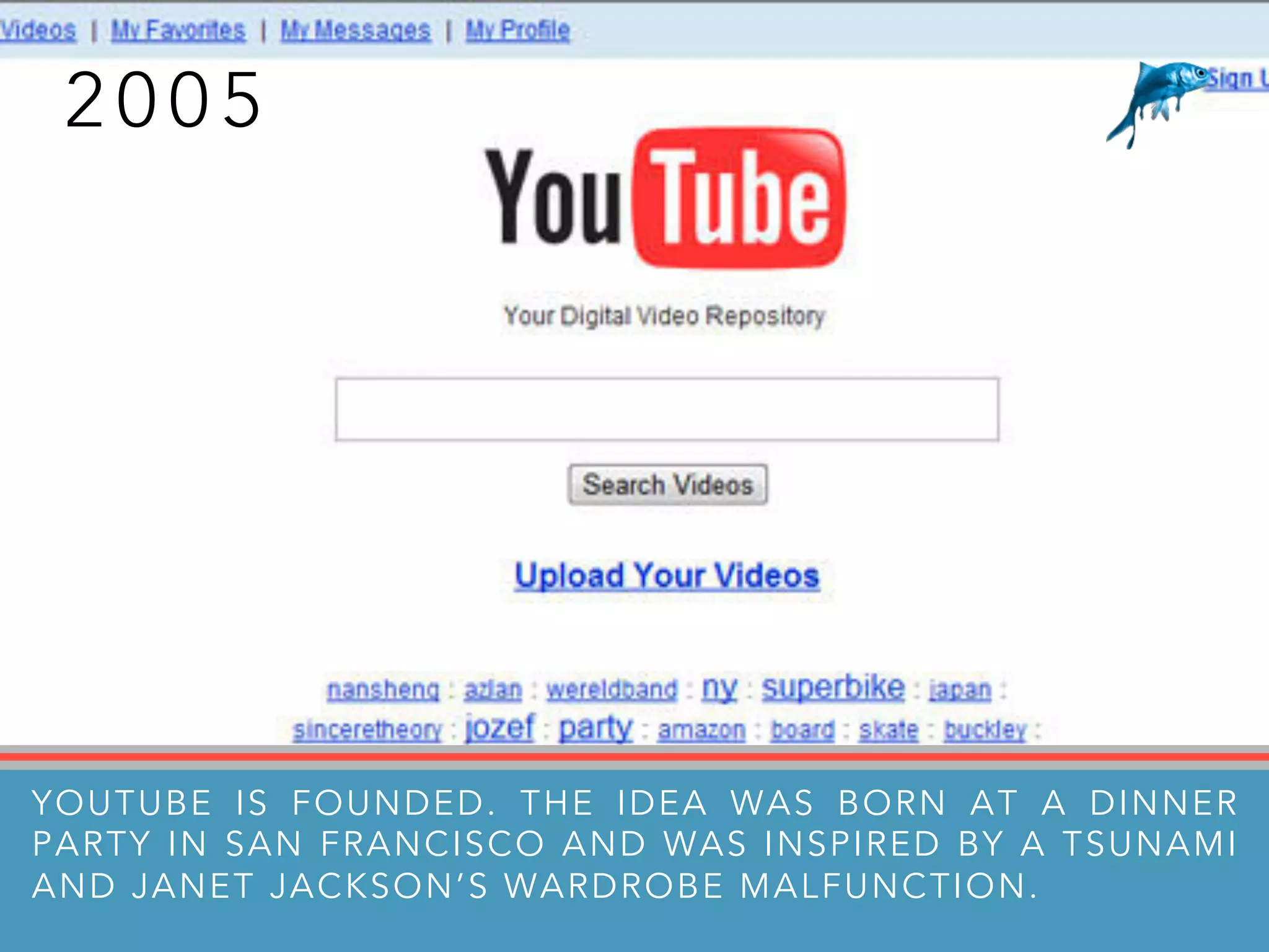 2 0 0 5
YOUTUBE IS FOUNDED. THE IDEA WAS BORN AT A DINNER
PARTY IN SAN FRANCISCO AND WAS INSPIRED BY A TSUNAMI
AND JANET JACKSON’S WARDROBE MALFUNCTION.
 