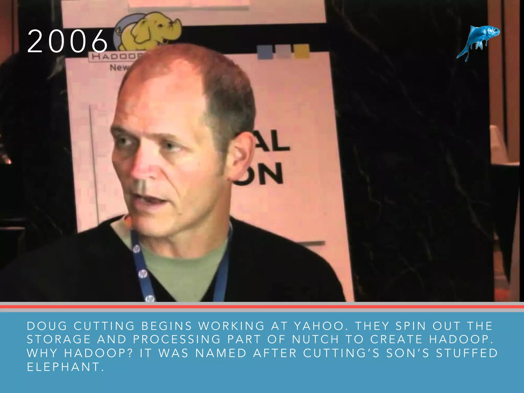 2 0 0 6
D O U G C U T T I N G B E G I N S W O R K I N G A T Y A H O O . T H E Y S P I N O U T T H E
S T O R A G E A N D P R O C E S S I N G P A R T O F N U T C H T O C R E A T E H A D O O P .
W H Y H A D O O P ? I T W A S N A M E D A F T E R C U T T I N G ’ S S O N ’ S S T U F F E D
E L E P H A N T .
 