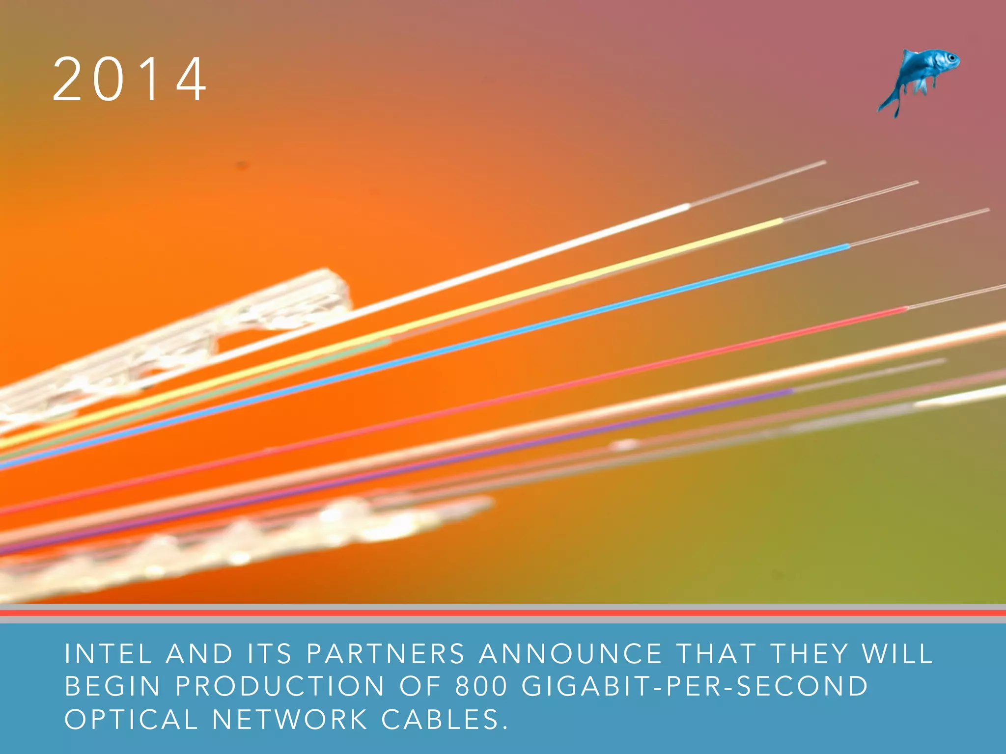 2 0 1 4
INTEL AND ITS PARTNERS ANNOUNCE THAT THEY WILL
BEGIN PRODUCTION OF 800 GIGABIT-PER-SECOND
OPTICAL NETWORK CABLES.
 