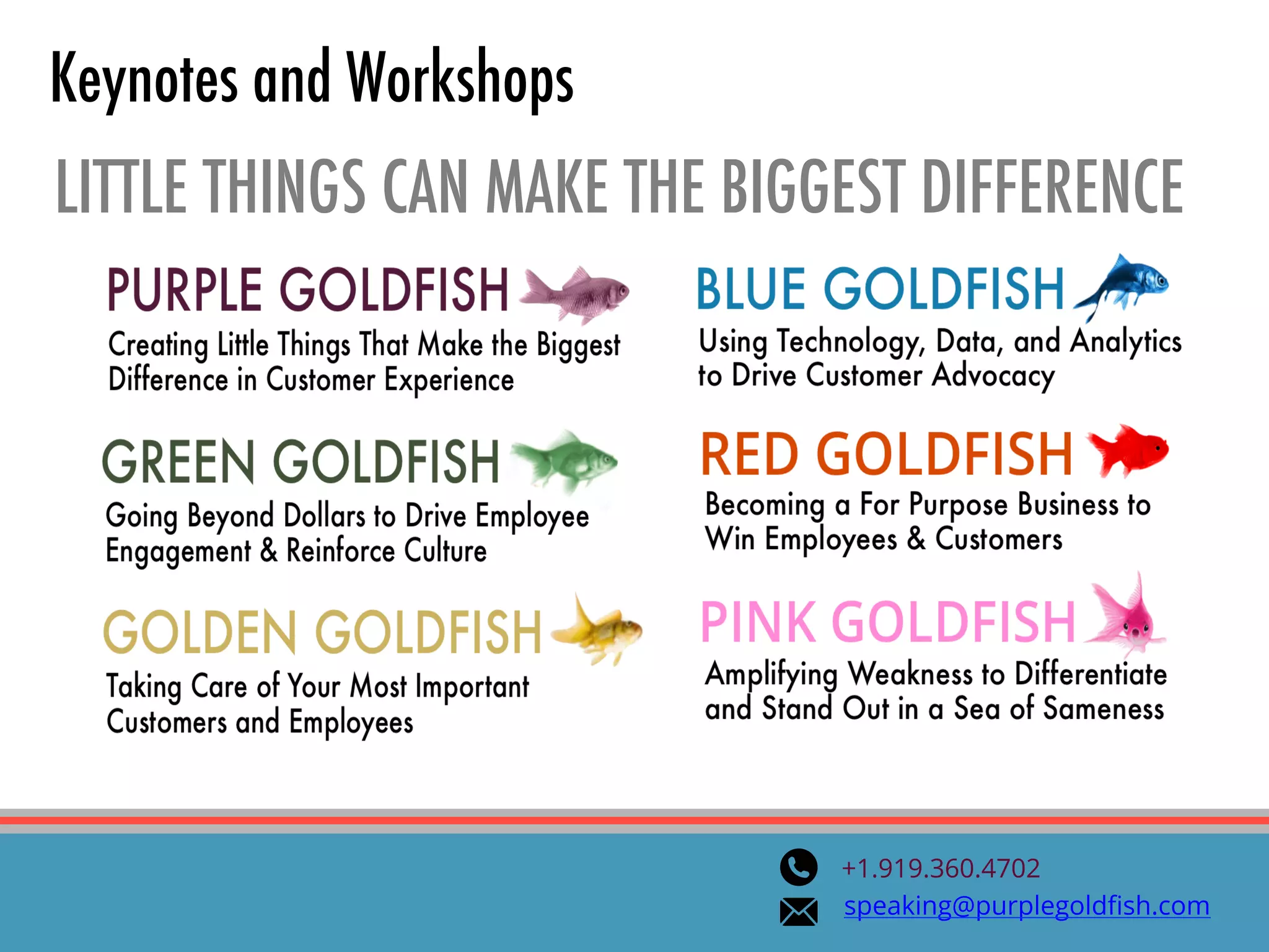 Keynotes and Workshops
+1.919.360.4702
speaking@purplegoldﬁsh.com
LITTLE THINGS CAN MAKE THE BIGGEST DIFFERENCE
 
