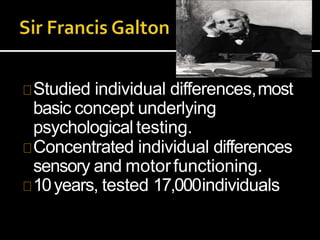 Studied individual differences,most
basic concept underlying
psychological testing.
Concentrated individual differences
sensory and motorfunctioning.
10years, tested 17,000individuals
 