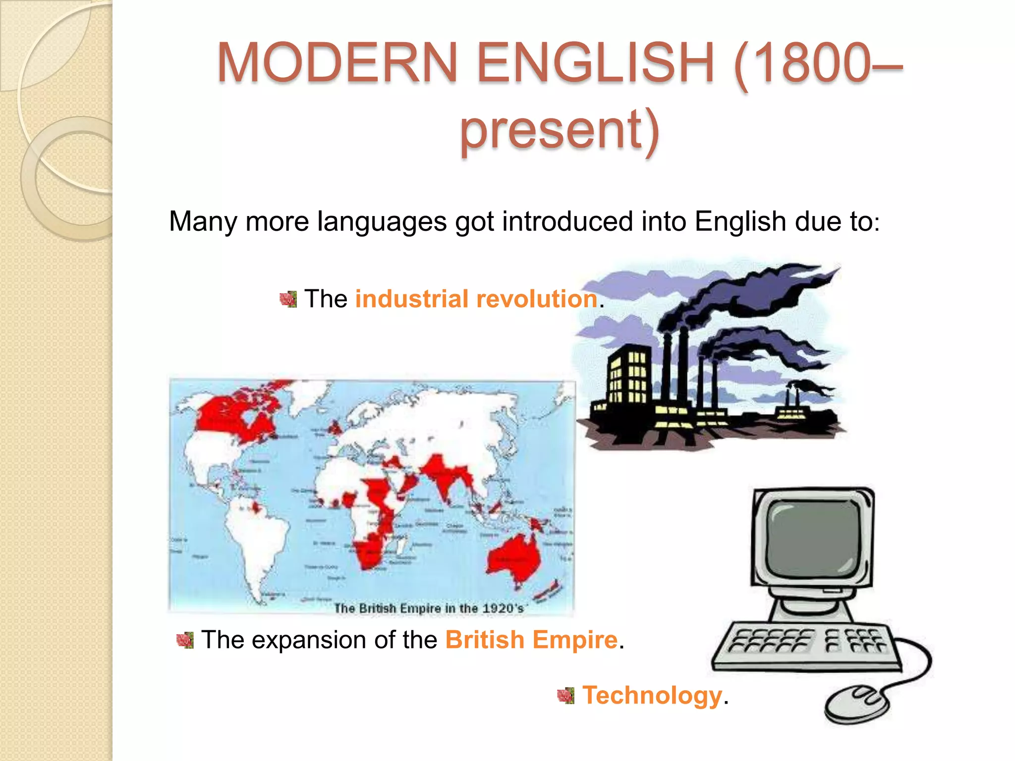 MODERN ENGLISH (1800– present)Many more languages got introduced into English due to: The industrial revolution. The expansion of the British Empire.Technology.