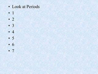 • Look at Periods
• 1
• 2
• 3
• 4
• 5
• 6
• 7
 