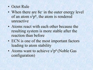 • Octet Rule
• When there are 8e- in the outer energy level
of an atom s2p6, the atom is rendered
unreactive
• Atoms react with each other because the
resulting system is more stable after the
reaction than before
• ECN is one of the most important factors
leading to atom stability
• Atoms want to achieve s2p6 (Noble Gas
configuration)
 
